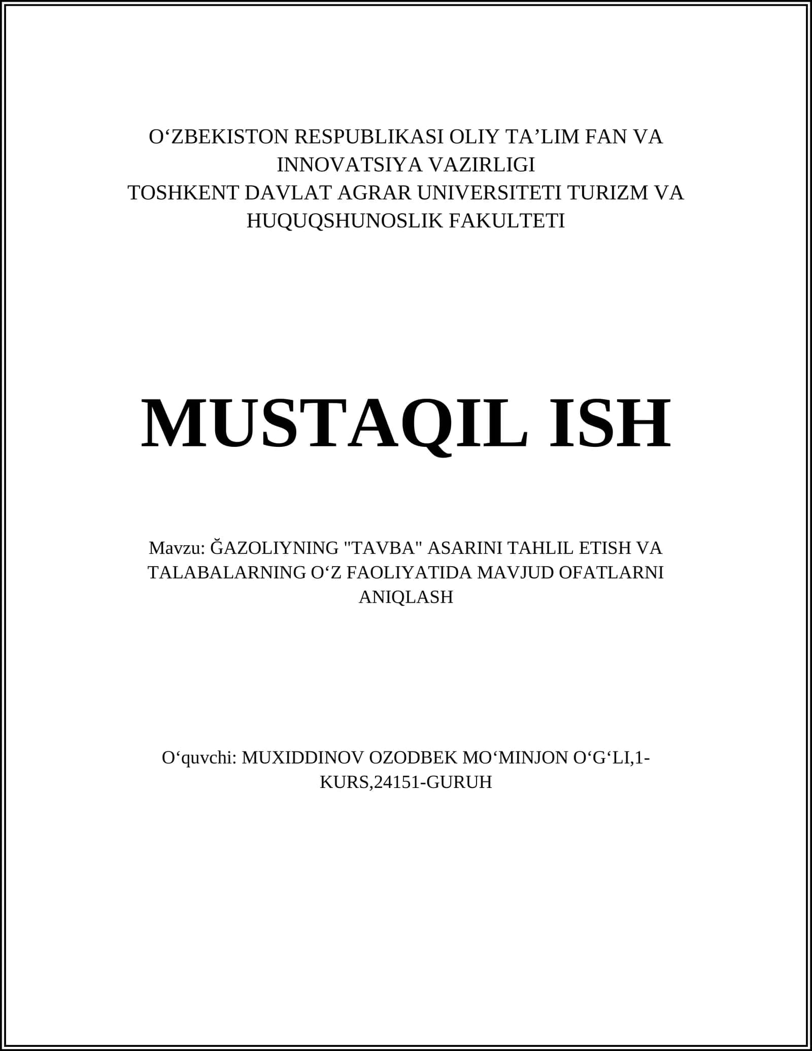 TAVBA ASARINI TAHLIL ETISH
