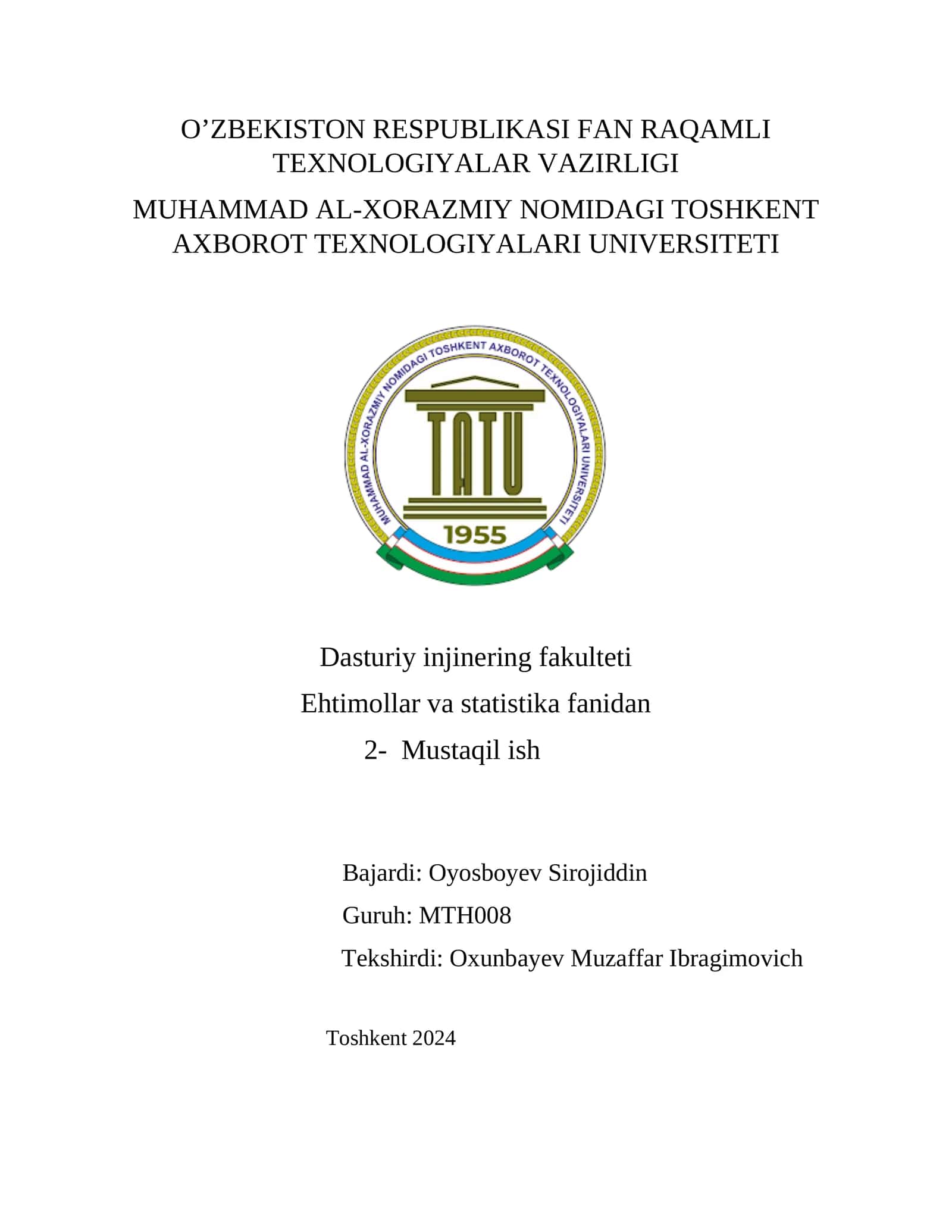 2-MUSTAQIL ISH. TOVAR, MAHSULOT VA XIZMATLARGA BO‘LGAN TALAB FUNKSIYASINI QURISH. ORALIQ BAHO. ISHONCHLILIK EHTIMOLI VA ISHONCHLILIK ORALIGʻI