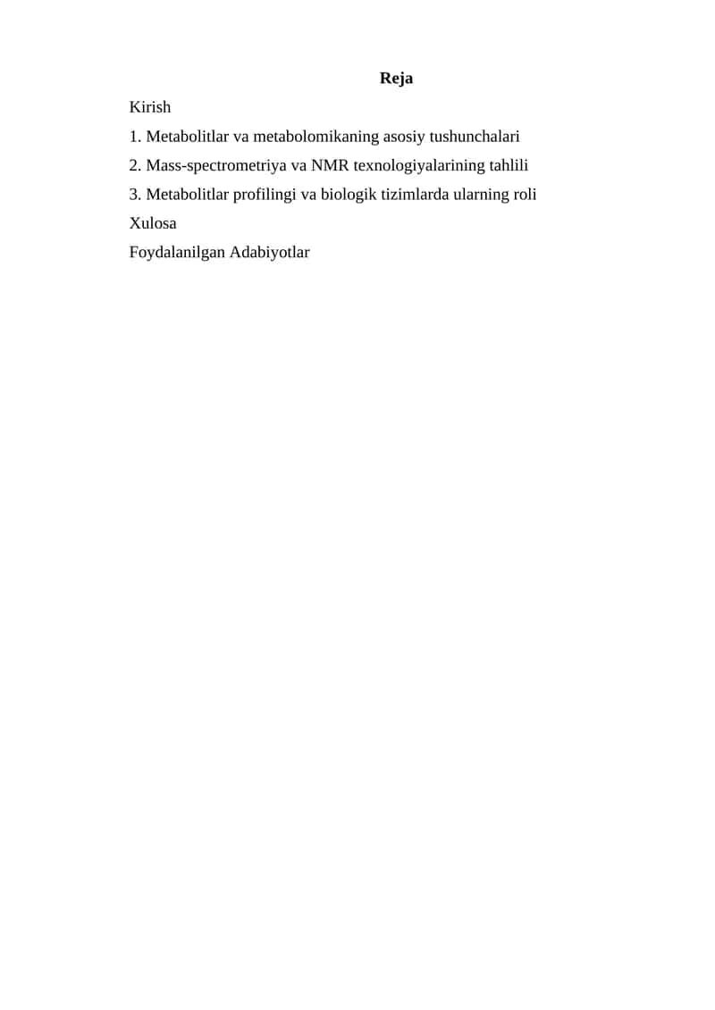 Metabolitlar va metabolomika tahlili
