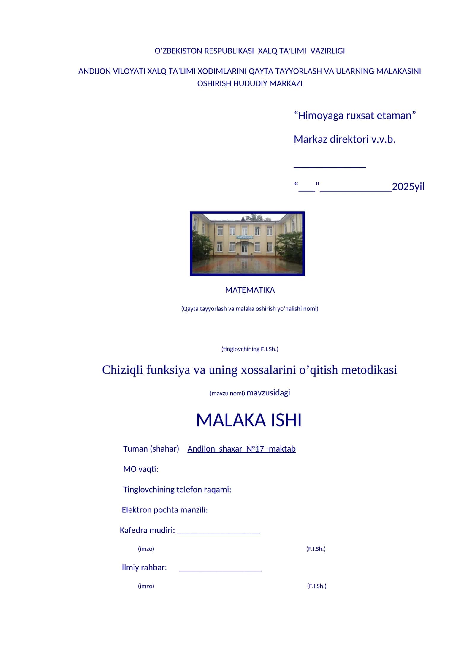 Chiziqli funksiya va uning xossalarini o’qitish metodikasi