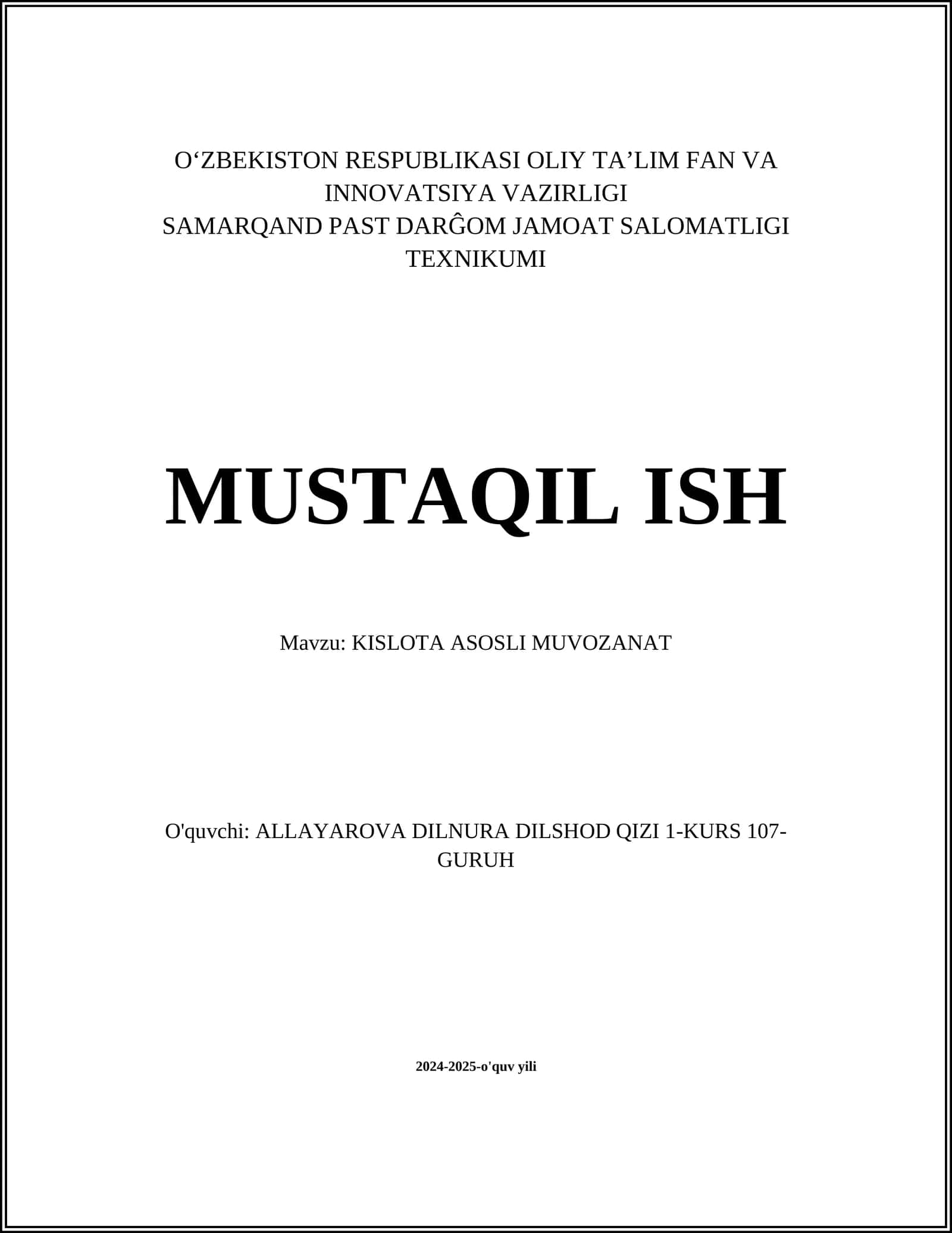 KISLOTA ASOSLI MUVOZANAT