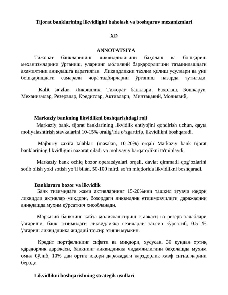 Tijorat banklarining likvidligini baholash va boshqaruv mexanizmlari