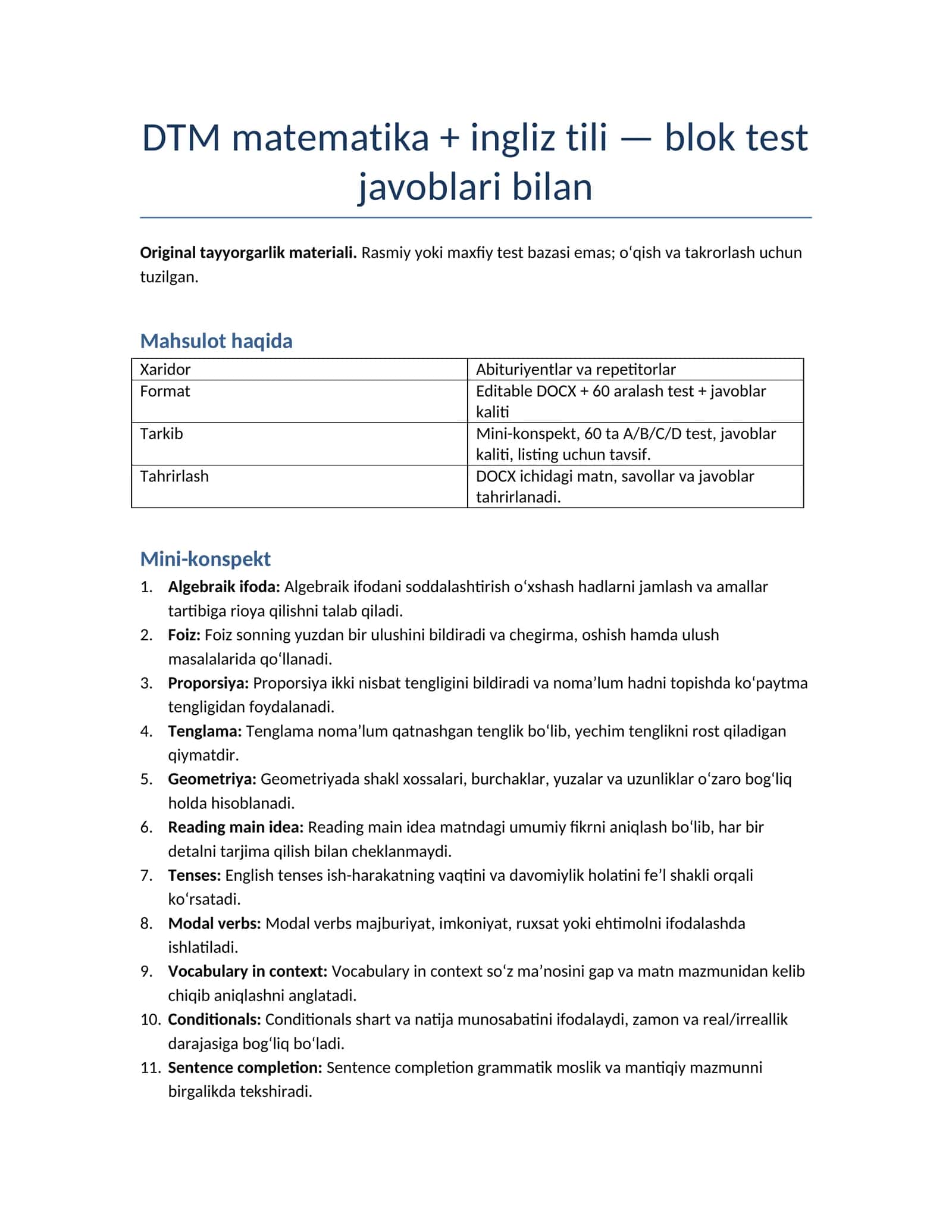 DTM matematika + ingliz tili — blok test javoblari bilan