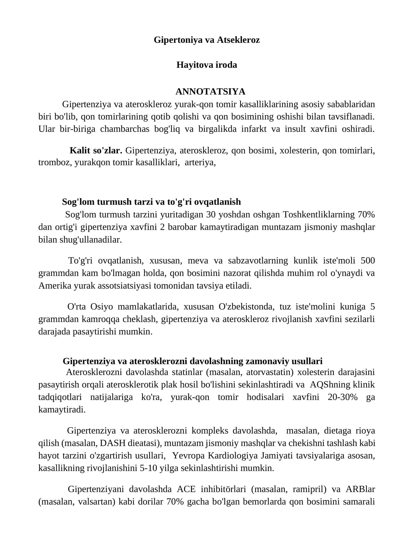 Gipertoniya va Atsekleroz
