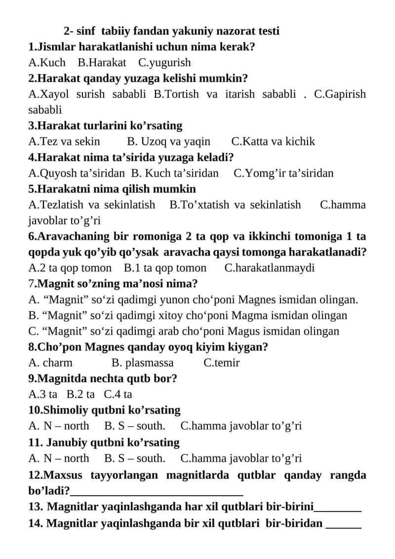 2- sinf tabiiy fandan yakuniy nazorat testi