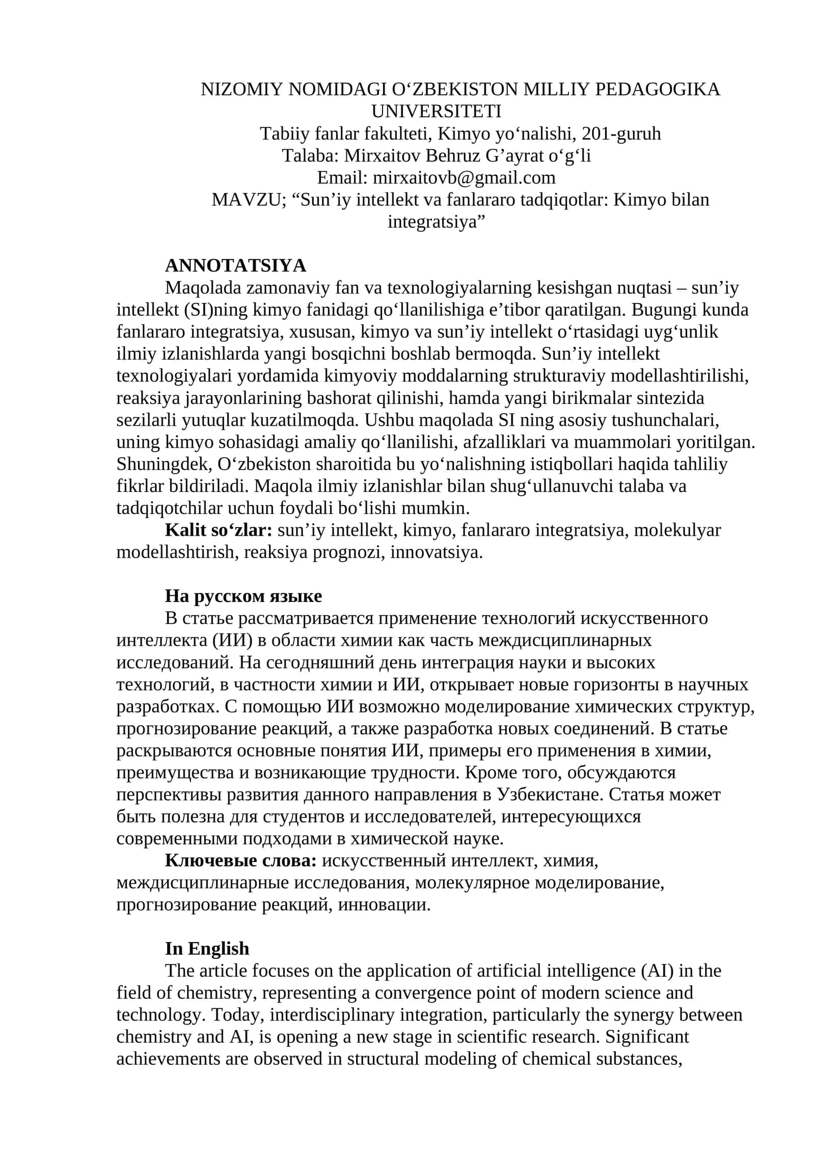 "Sun’iy intellekt va fanlararo tadqiqotlar: Kimyo bilan integratsiya"
