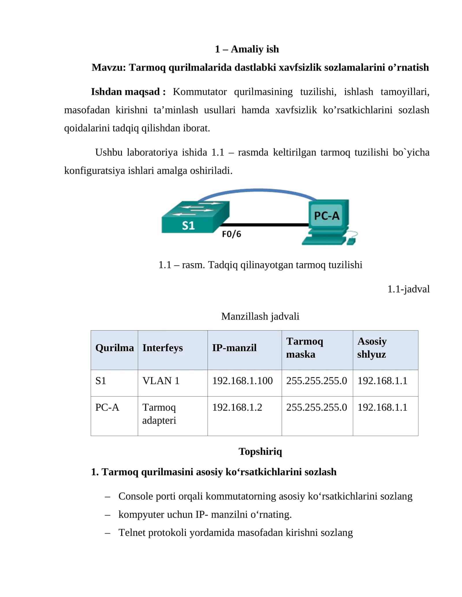 Tarmoq qurilmalarida dastlabki xavfsizlik sozlamalarini o’rnatish