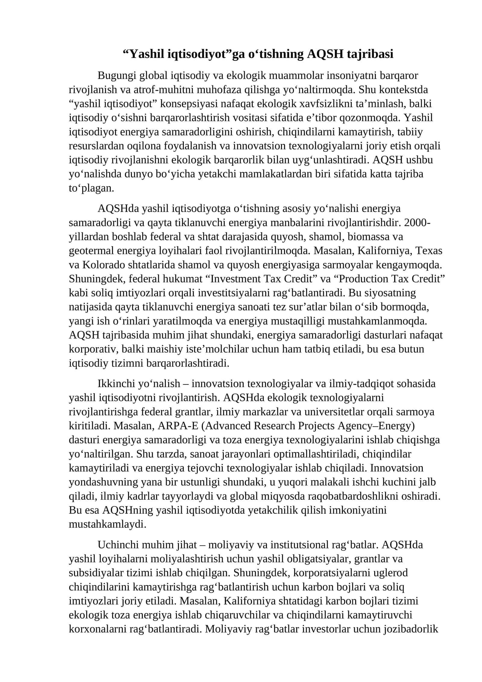 Yashil iqtisodiyot”ga o'tishning AQSH tajribasi