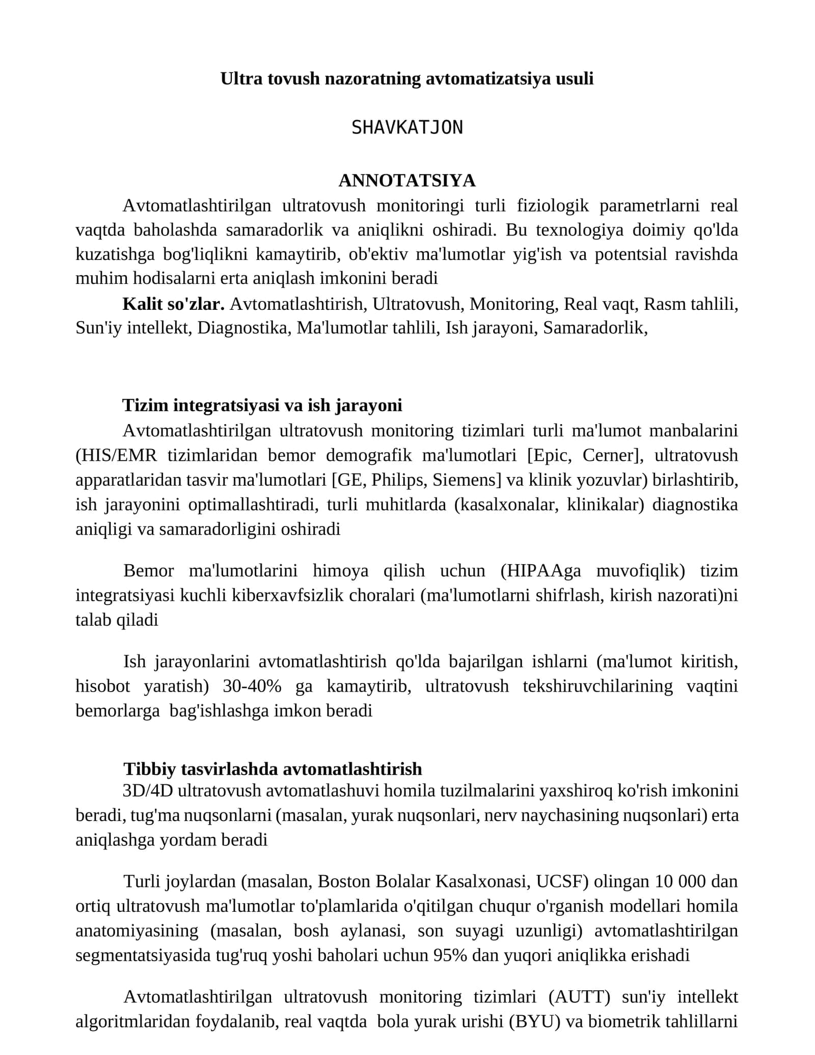 Ultra tovush nazoratning avtomatizatsiya usuli