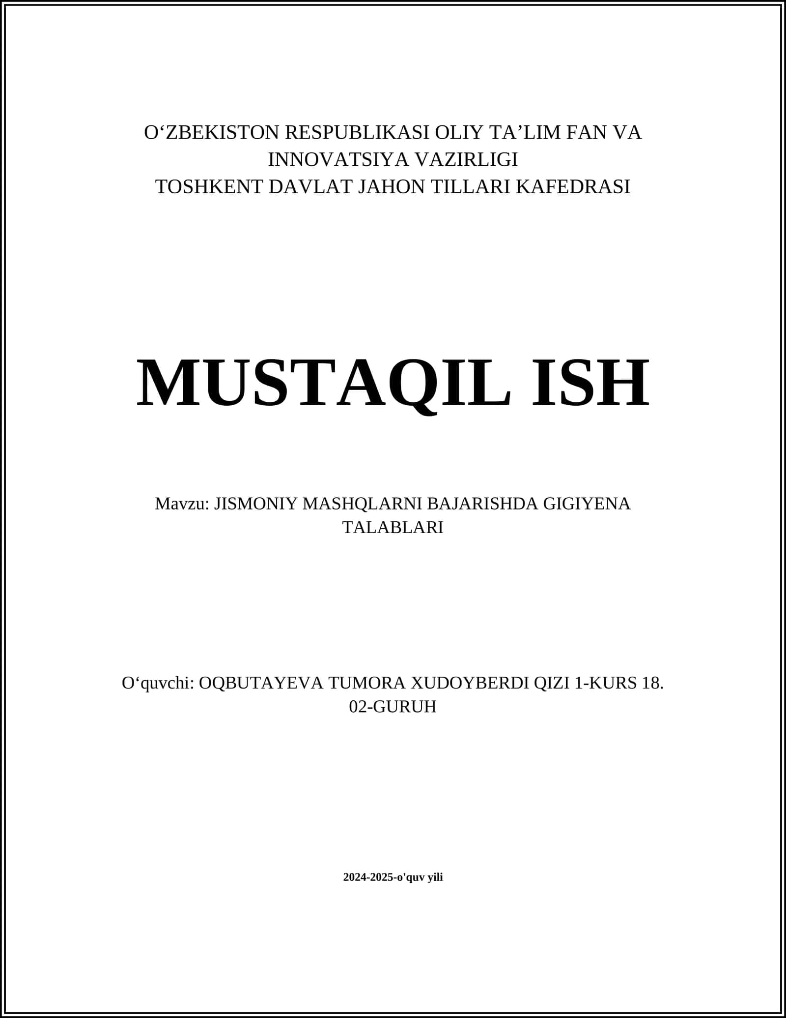 JISMONIY MASHQLARNI BAJARISHDA GIGIYENA TALABLARI