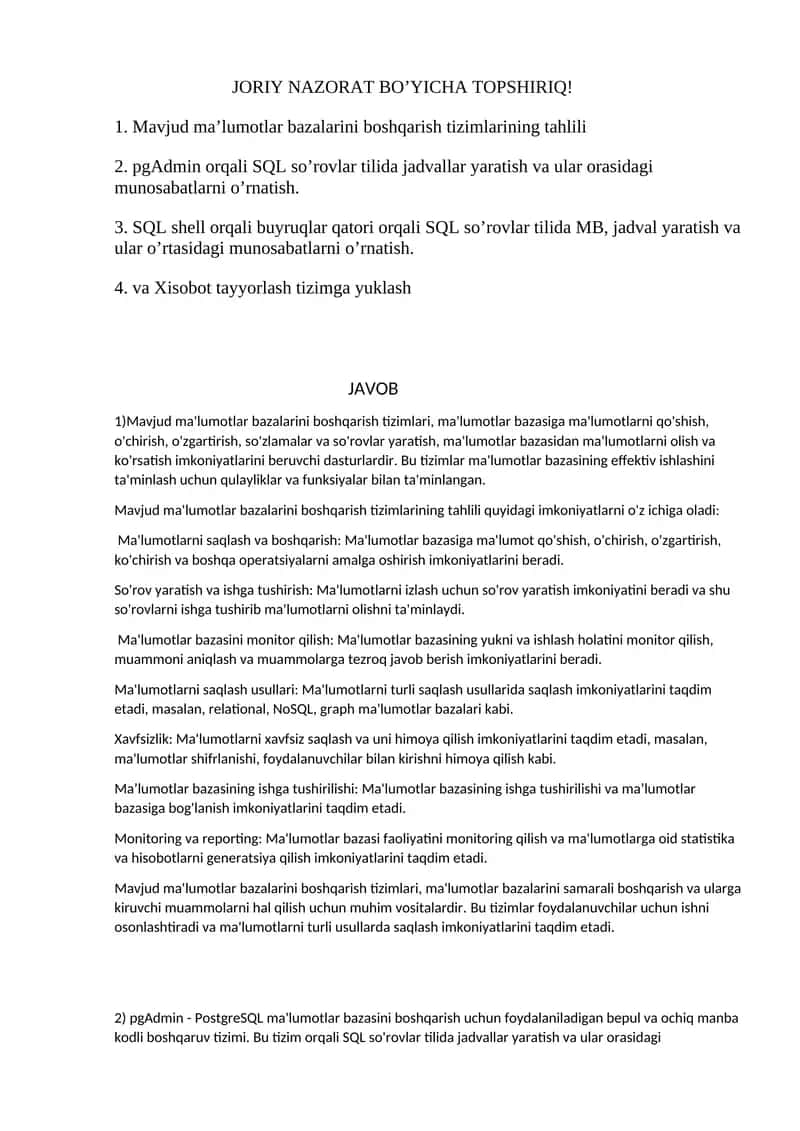 JORIY NAZORAT BO’YICHA TOPSHIRIQ