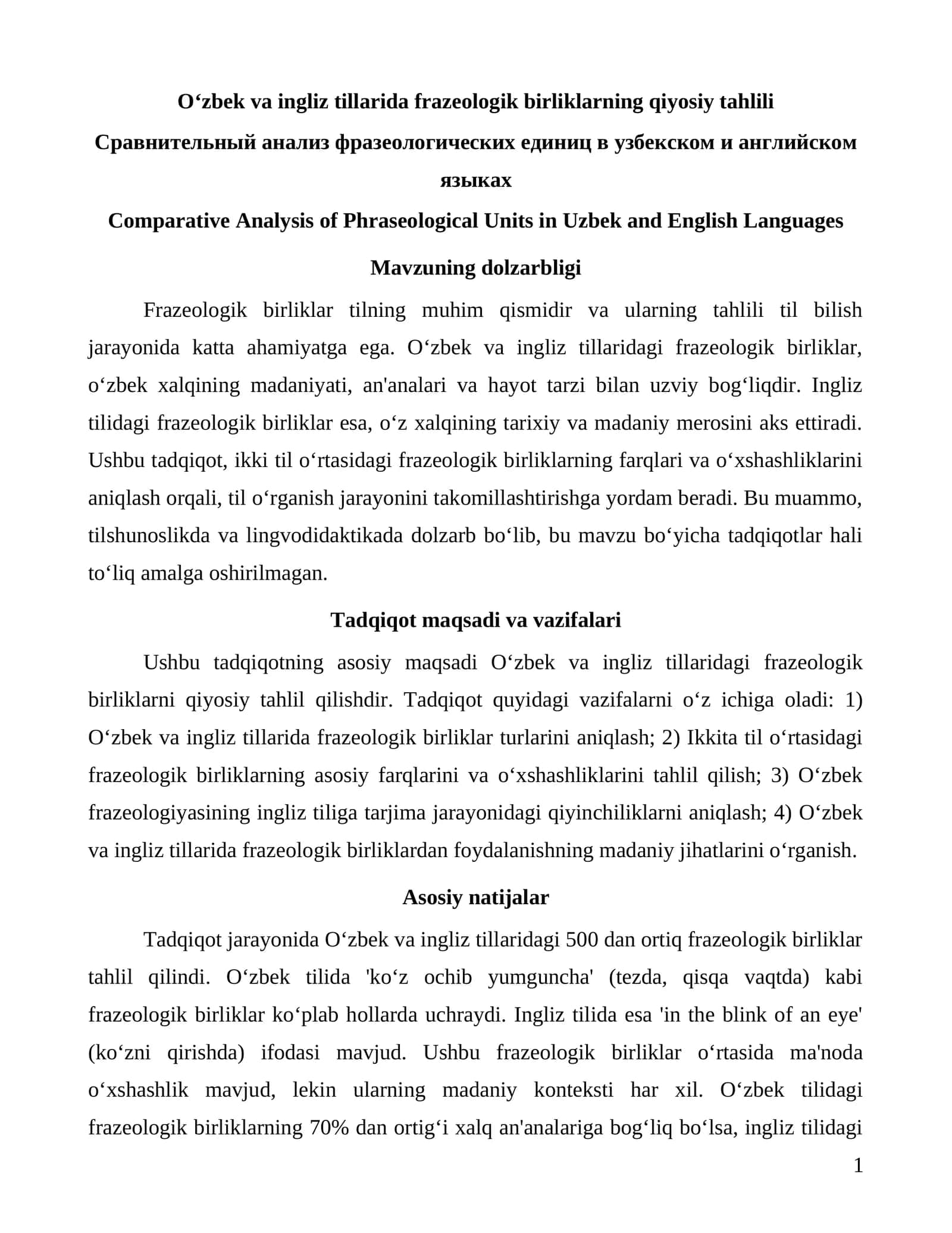 O‘zbek va ingliz tillarida frazeologik birliklarning qiyosiy tahlili