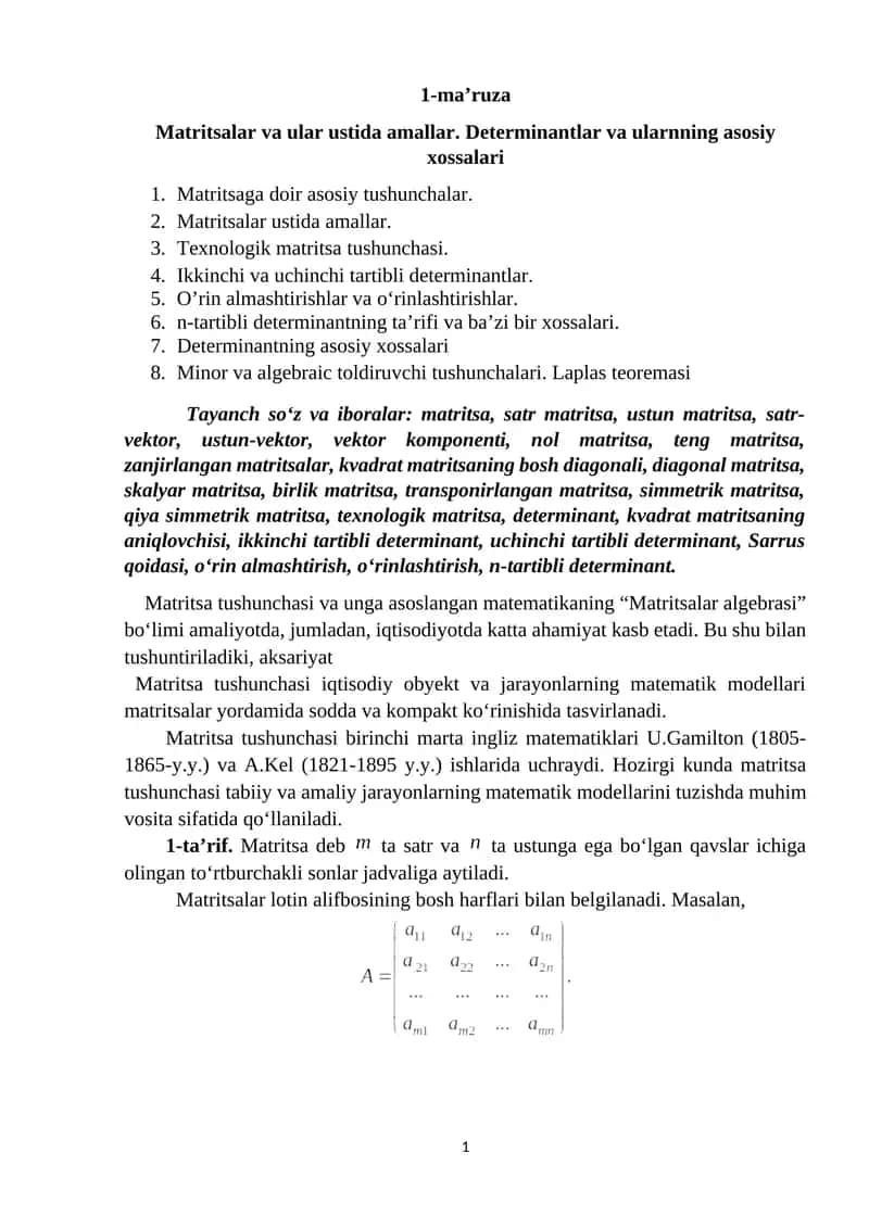 Matritsalar algebrasi