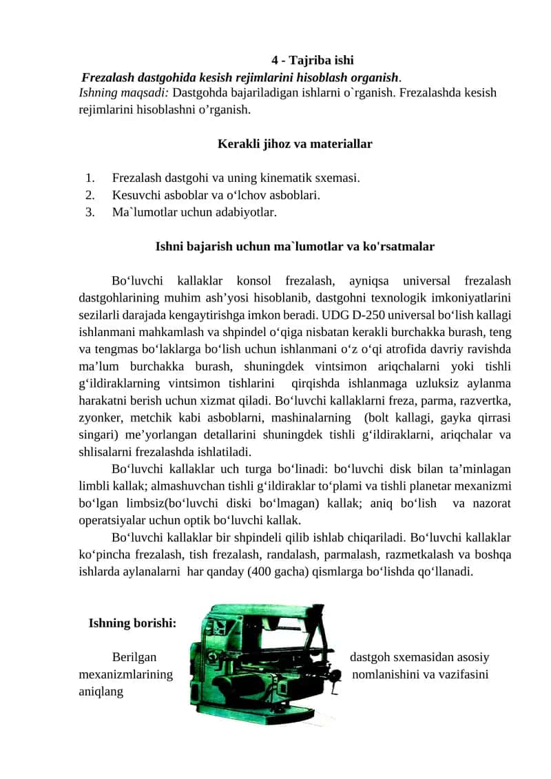 Frezalash dastgohida kesish rejimlarini hisoblash organish