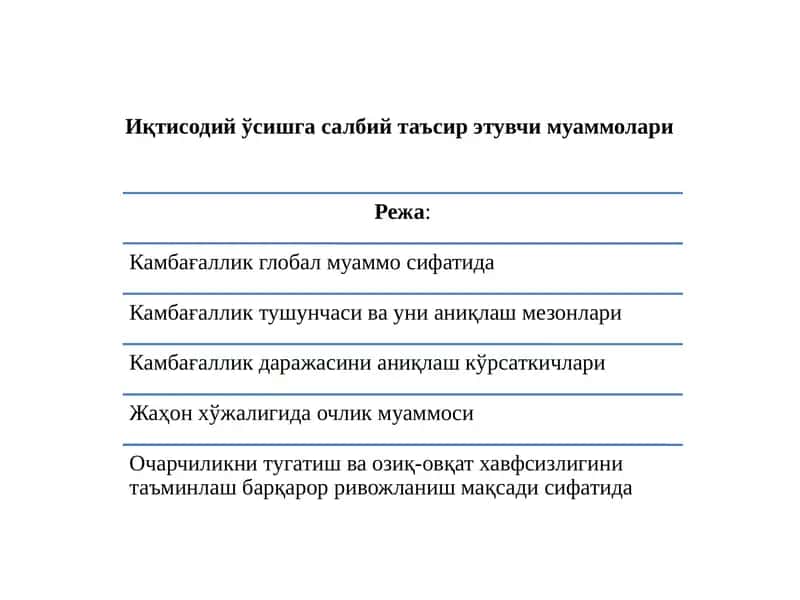 Иқтисодий ўсишгасалбий таъсирэтувчи муаммолари