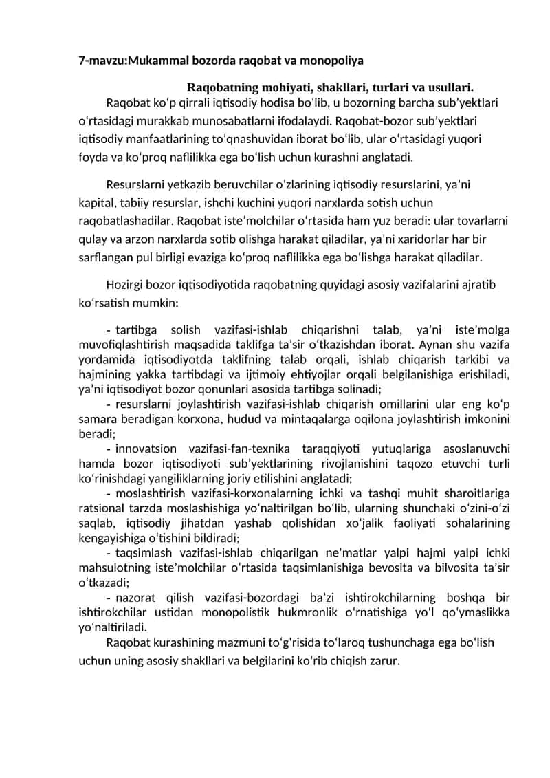 Mukammal bozorda raqobat va monopoliya