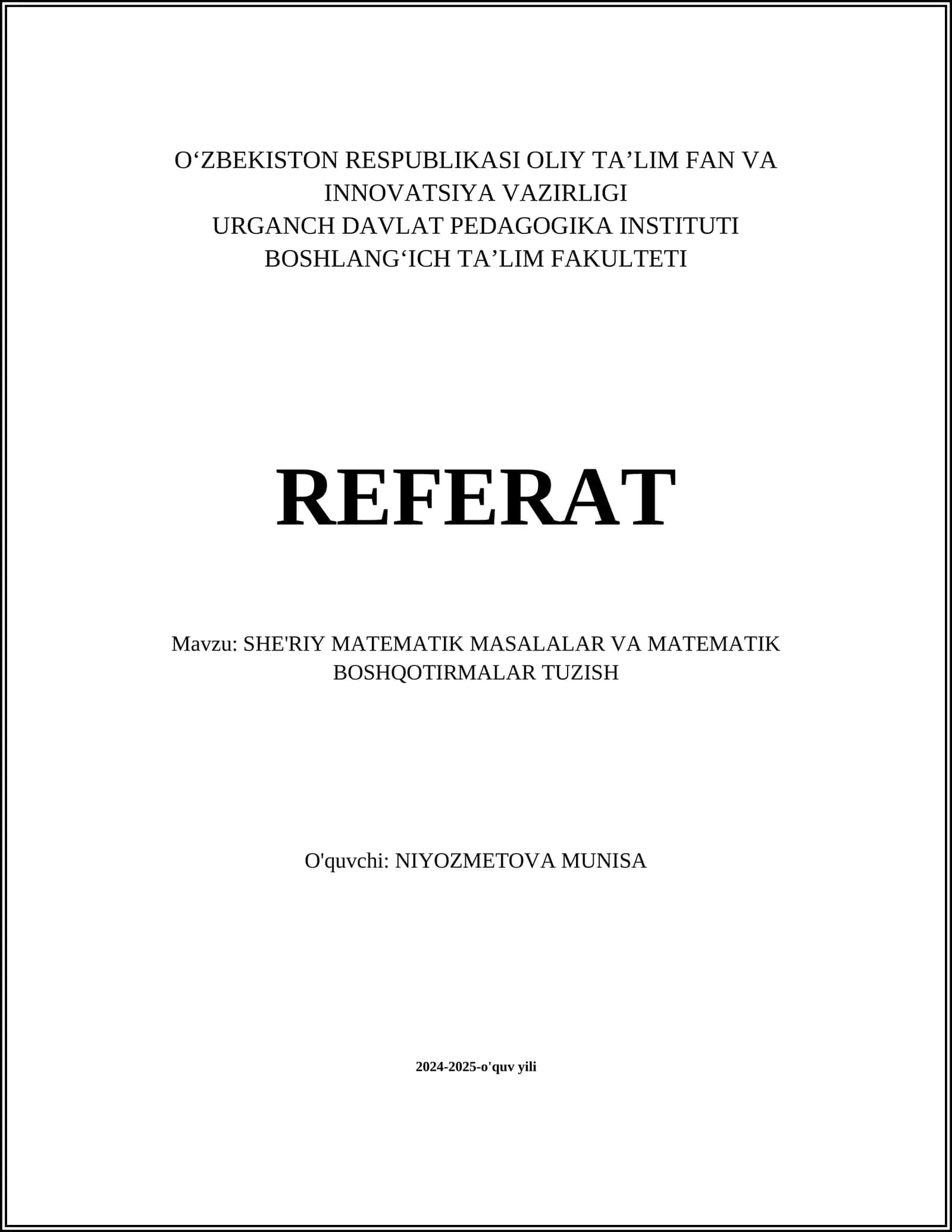 SHE'RIY MATEMATIK MASALALAR VA MATEMATIK BOSHQOTIRMALAR TUZISH