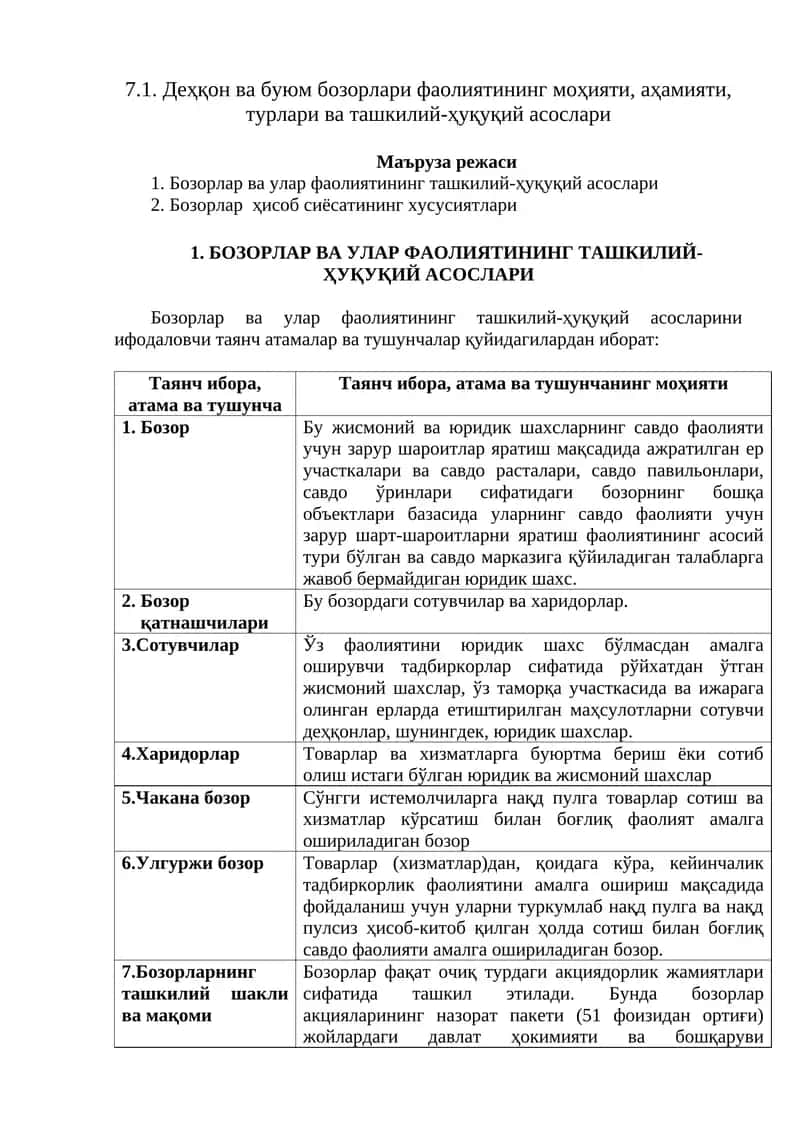 Деҳқон ва буюм бозорлари фаолиятининг моҳияти, аҳамияти, турлари ва ташкилий-ҳуқуқий асослари