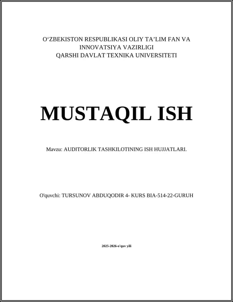 AUDITORLIK TASHKILOTINING ISH HUJJATLARI