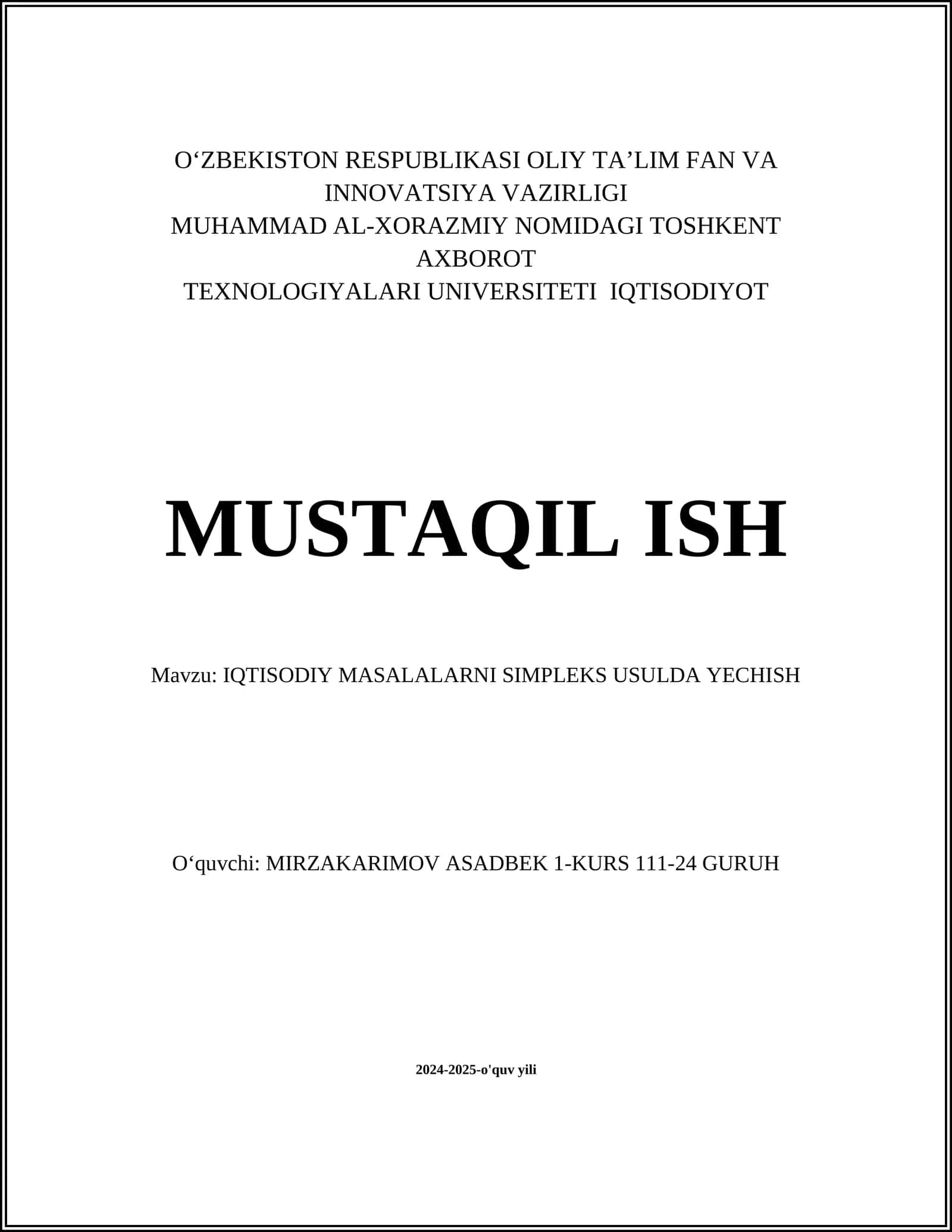 IQTISODIY MASALALARNI SIMPLEKS USULDA YECHISH