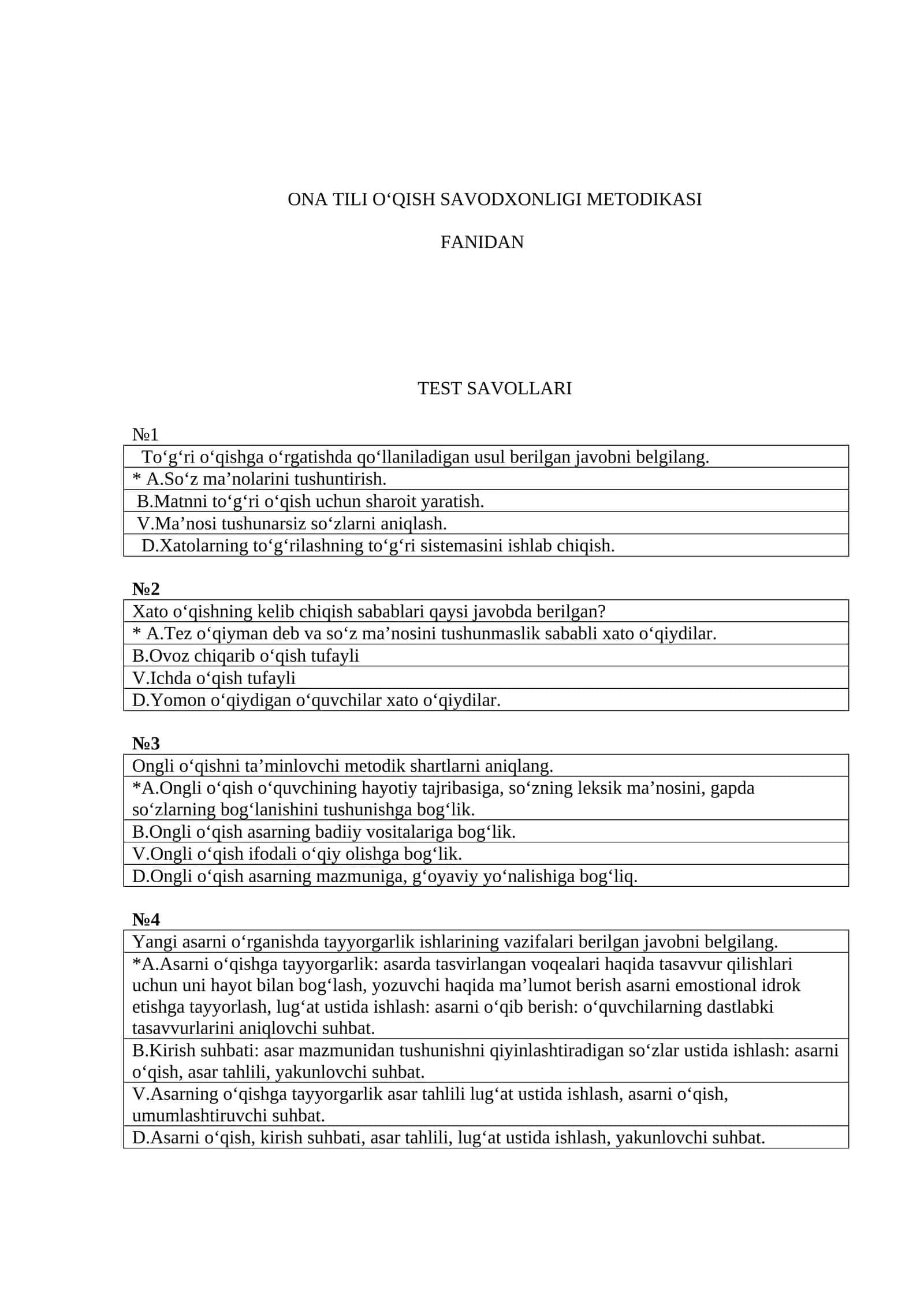 ONA TILI O‘QISH SAVODXONLIGI METODIKASI FANIDAN TEST SAVOLLARI