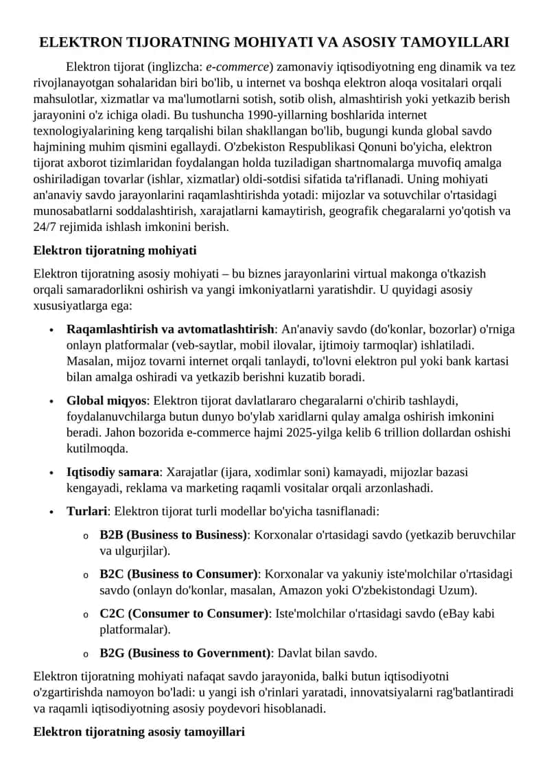 Elektron tijoratning mohiyati va asosiy tamoyillari