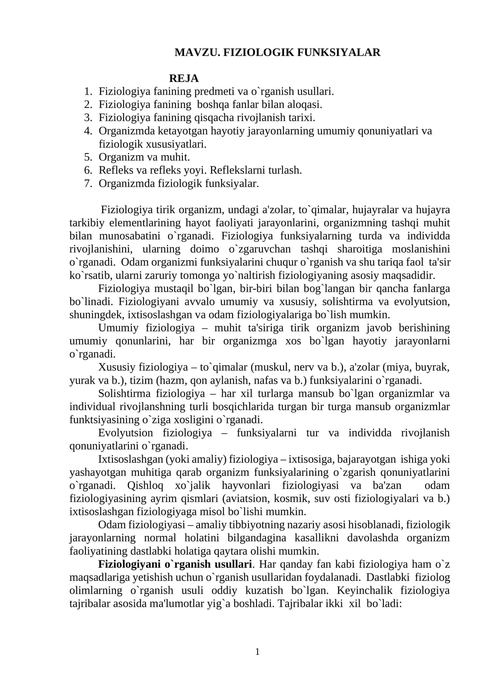 FIZIOLOGIK FUNKSIYALAR