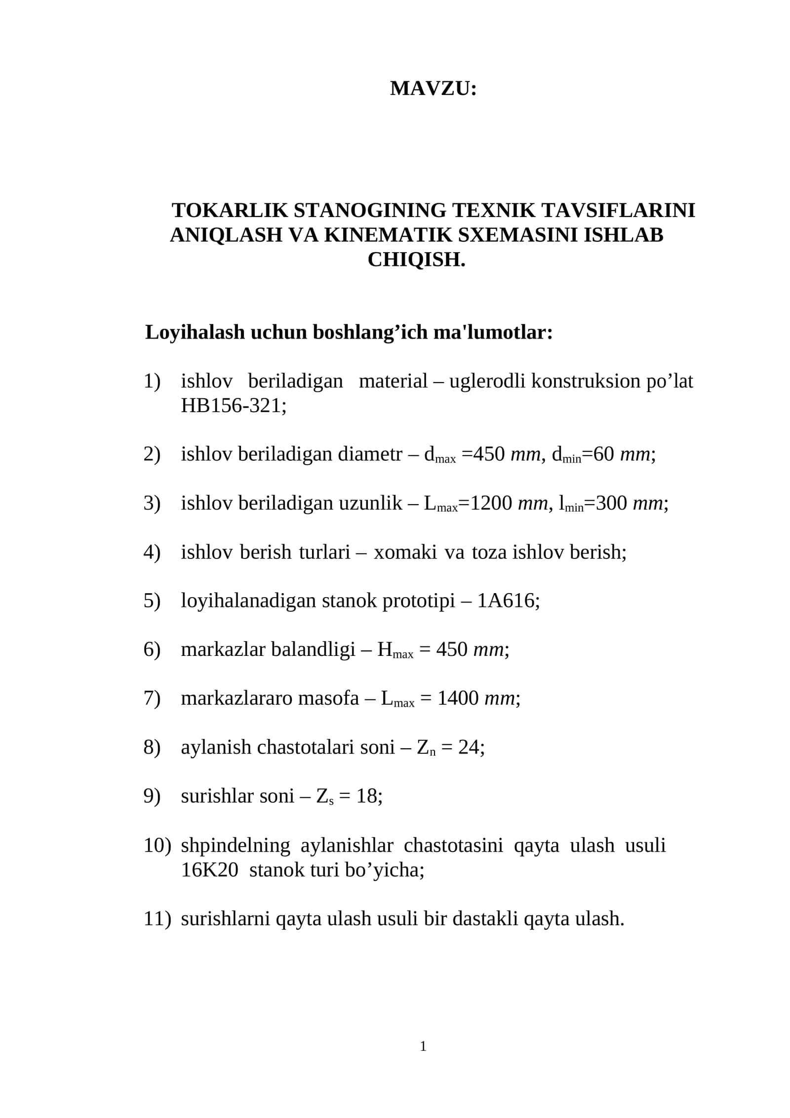 TOKARLIK STANOGINING TEXNIK TAVSIFLARINI ANIQLASH VA KINEMATIK SXEMASINI ISHLAB CHIQISH