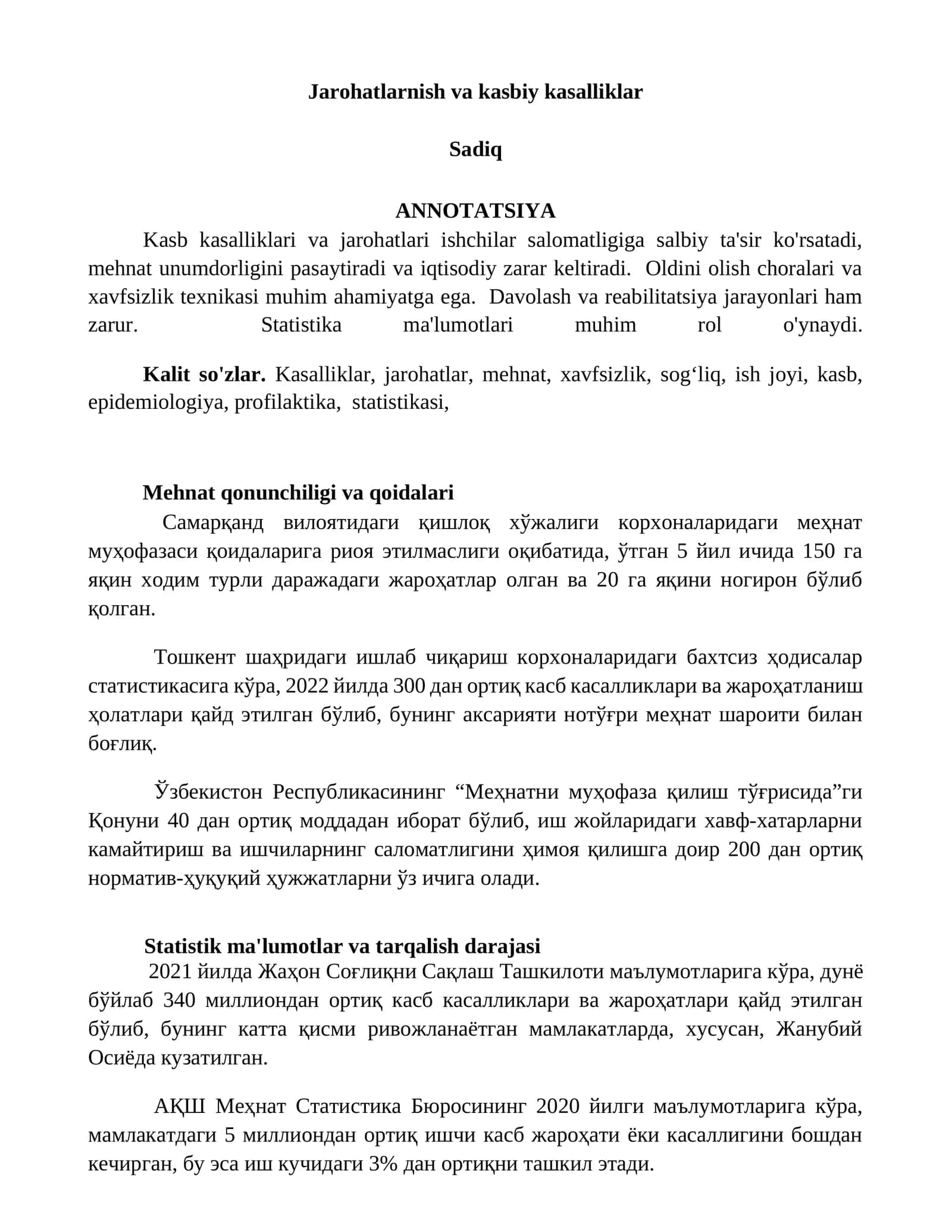 Jarohatlarnish va kasbiy kasalliklar