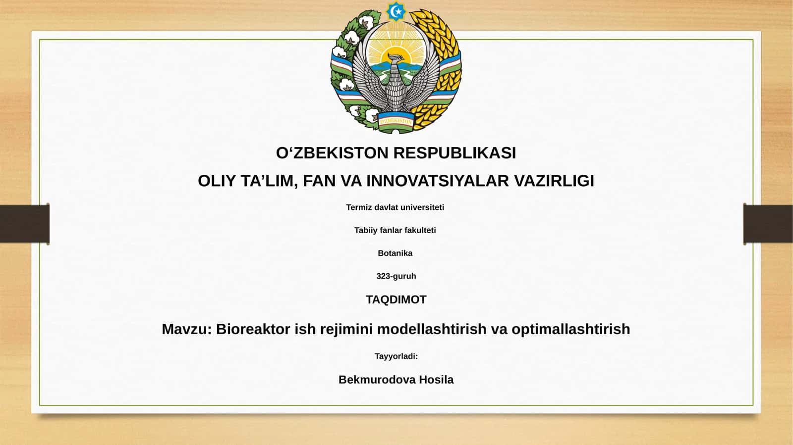 Bioreaktor ish rejimini modellashtirish va optimallashtirish