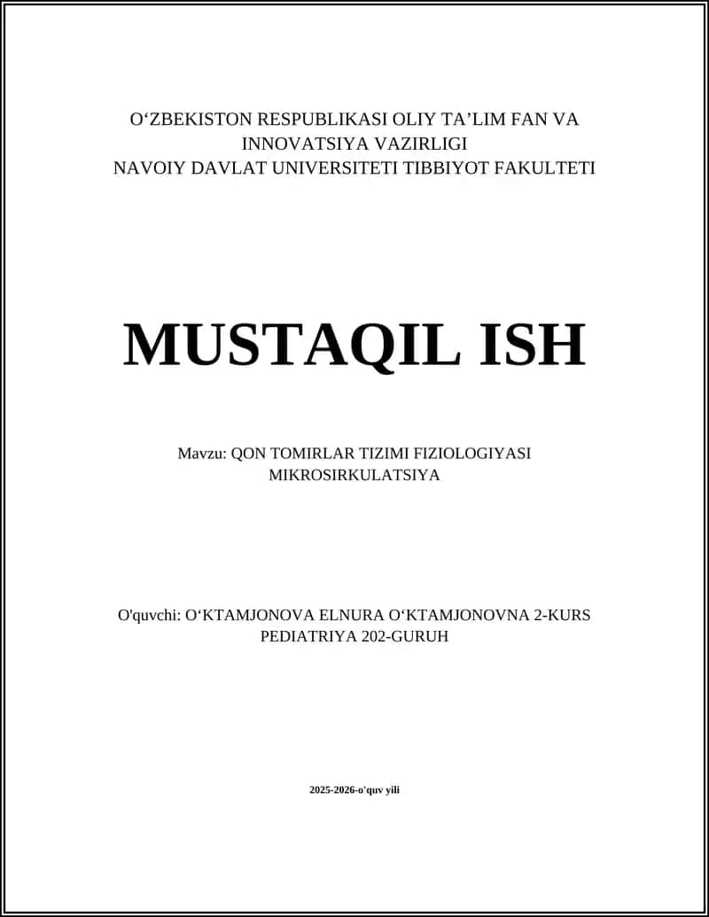 QON TOMIRLAR TIZIMI FIZIOLOGIYASI MIKROSIRKULATSIYA