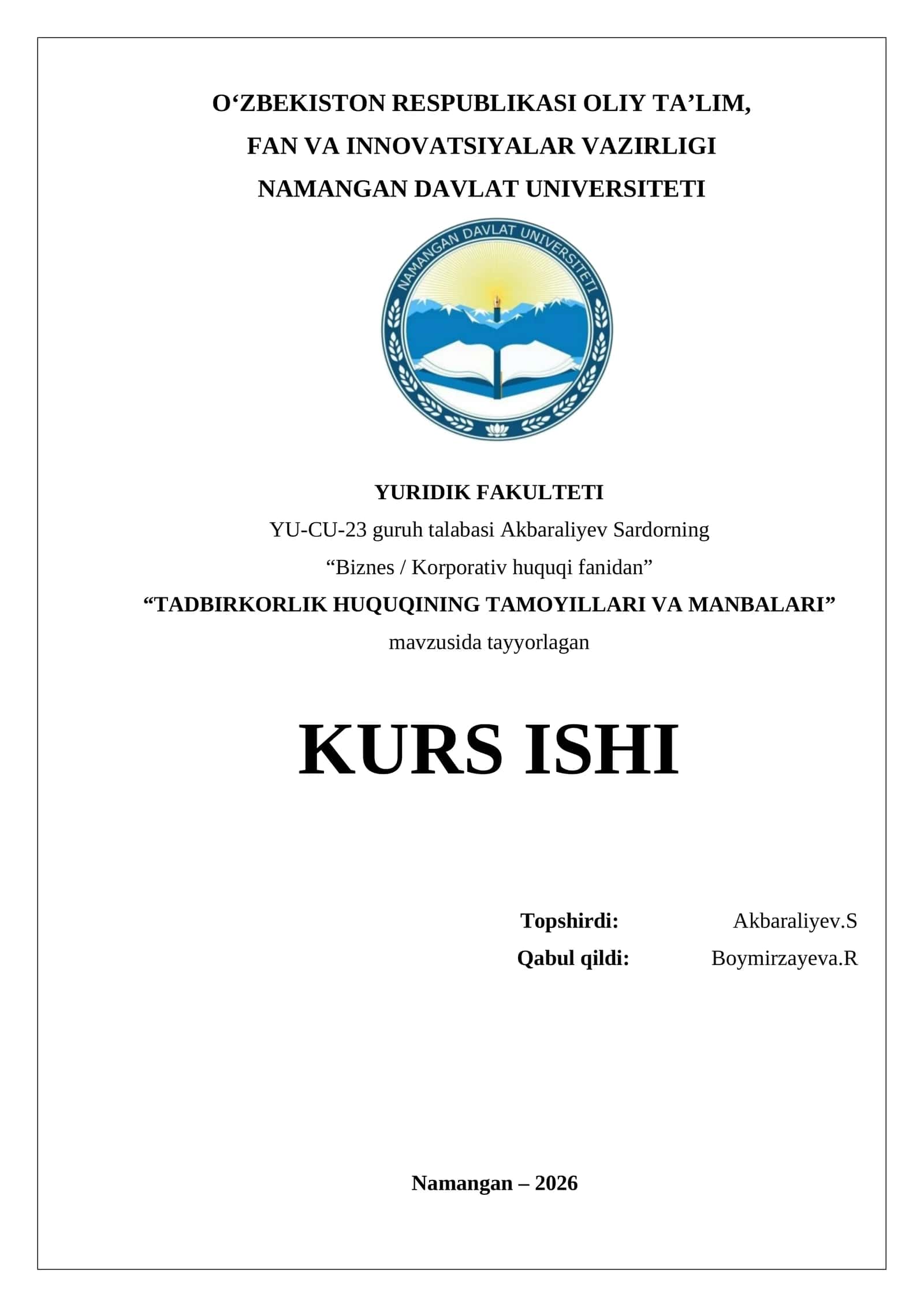 TADBIRKORLIK HUQUQINING TAMOYILLARI VA MANBALARI