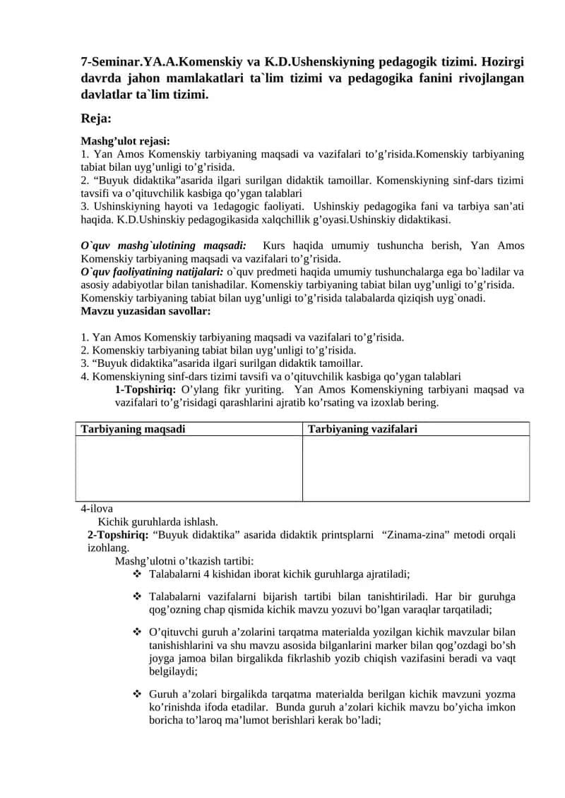 Yan Amos Komenskiy va K.D.Ushenskiyning pedagogik tizimi