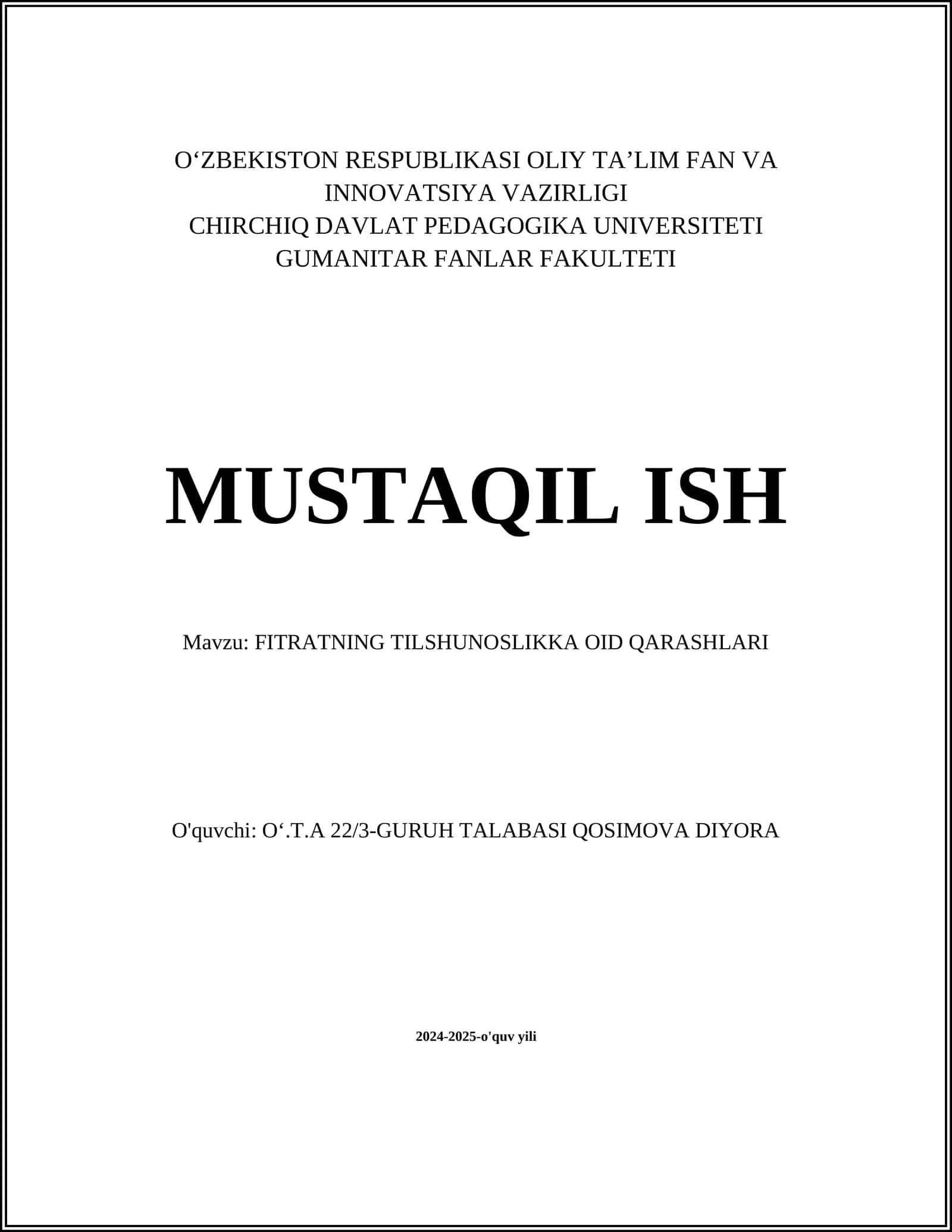 FITRATNING TILSHUNOSLIKKA OID QARASHLARI