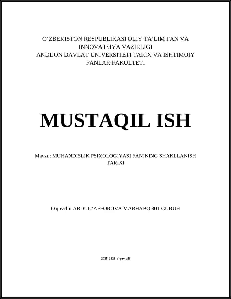 MUHANDISLIK PSIXOLOGIYASI FANINING SHAKLLANISH TARIXI