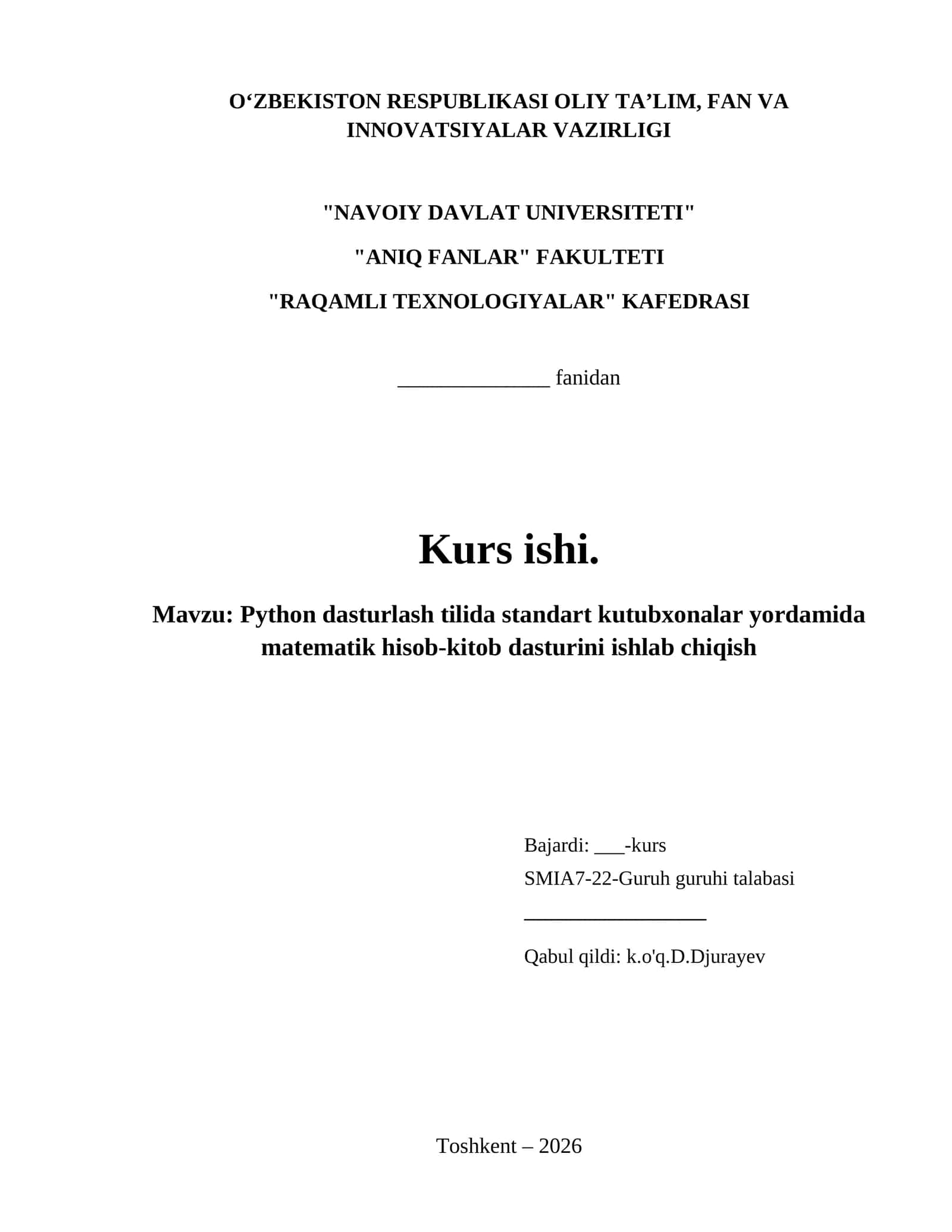 Python dasturlash tilida standart kutubxonalar yordamida matematik hisob-kitob dasturini ishlab chiqish
