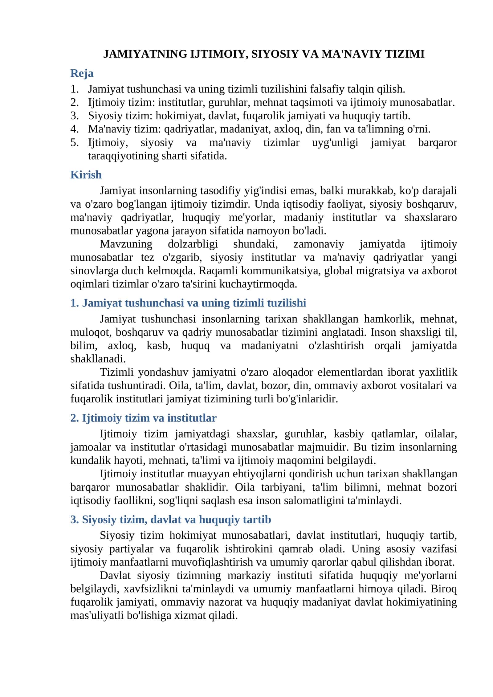 JAMIYATNING IJTIMOIY, SIYOSIY VA MA'NAVIY TIZIMI