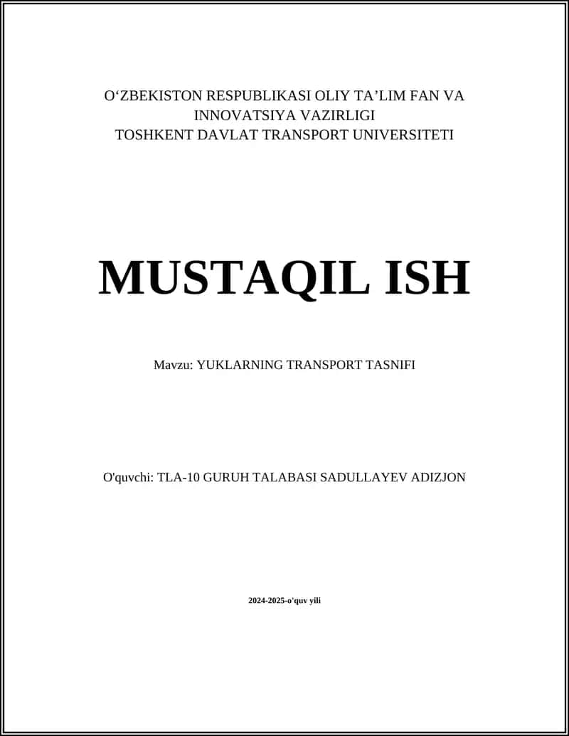 Yuklarning transport tasnifi