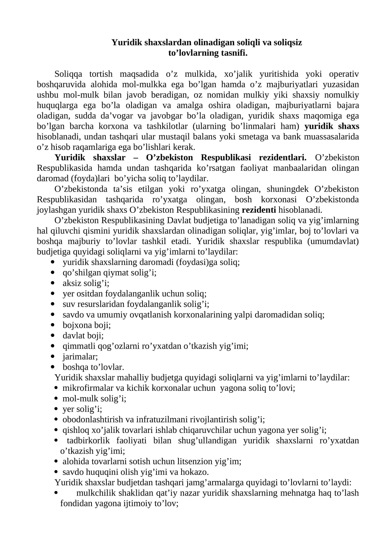 Yuridik shaxslardan olinadigan soliqli va soliqsiz to’lovlarning tasnifi