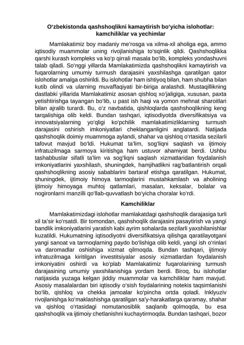 Qashshoqlikni kamaytirish bo‘yicha islohotlar