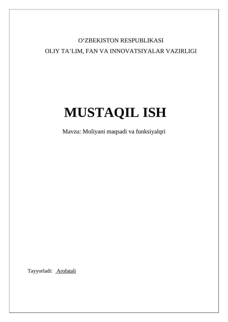 Moliyani maqsadi va funksiyalqri