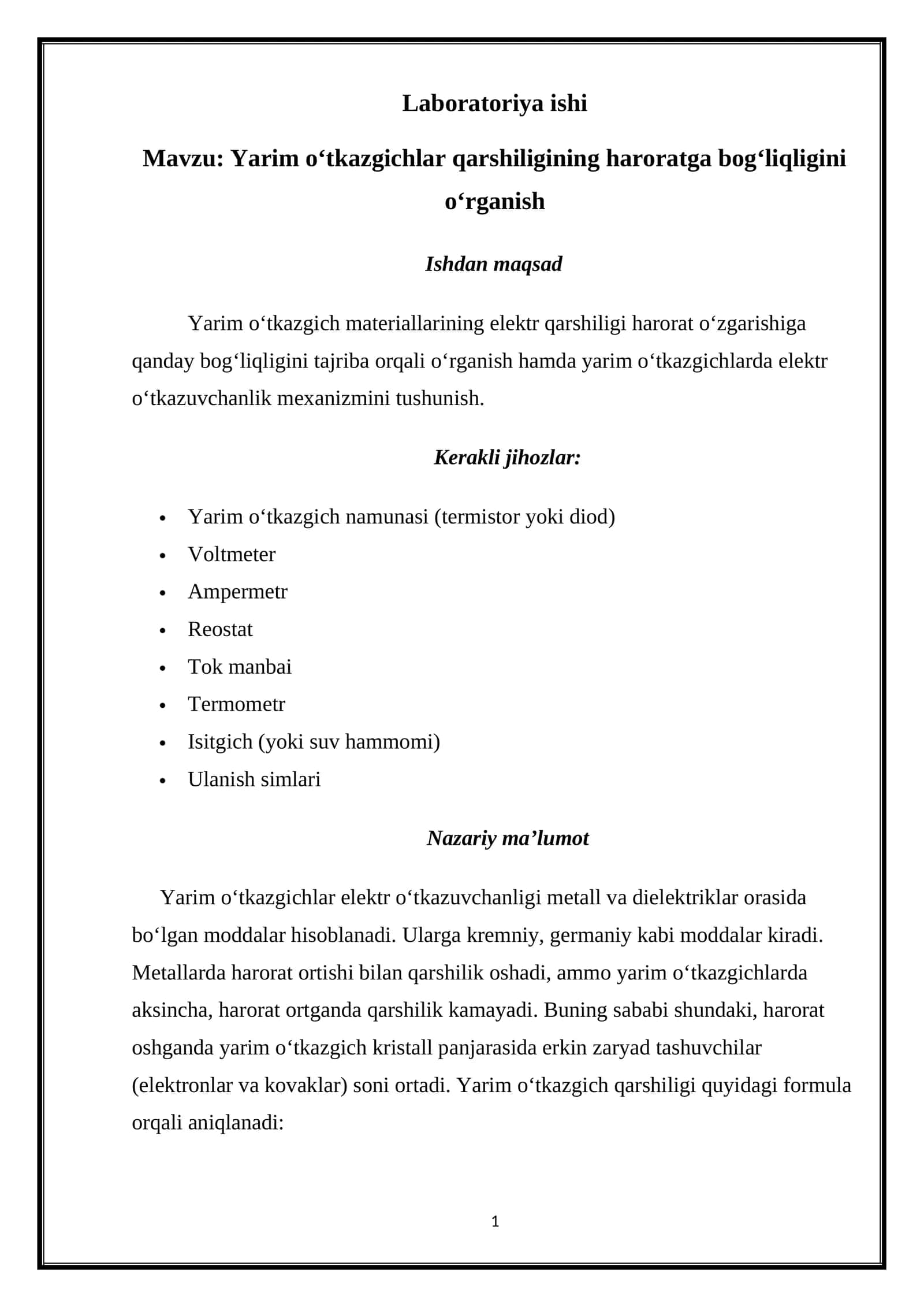 Yarim o‘tkazgichlar qarshiligining haroratga bog‘liqligini o‘rganish