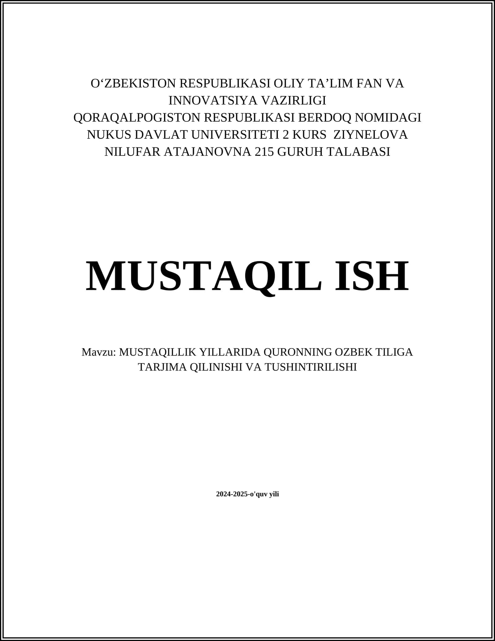 Qur'onning O'zbek Tiliga Tarjima Qilinishi va Tushintirilishi