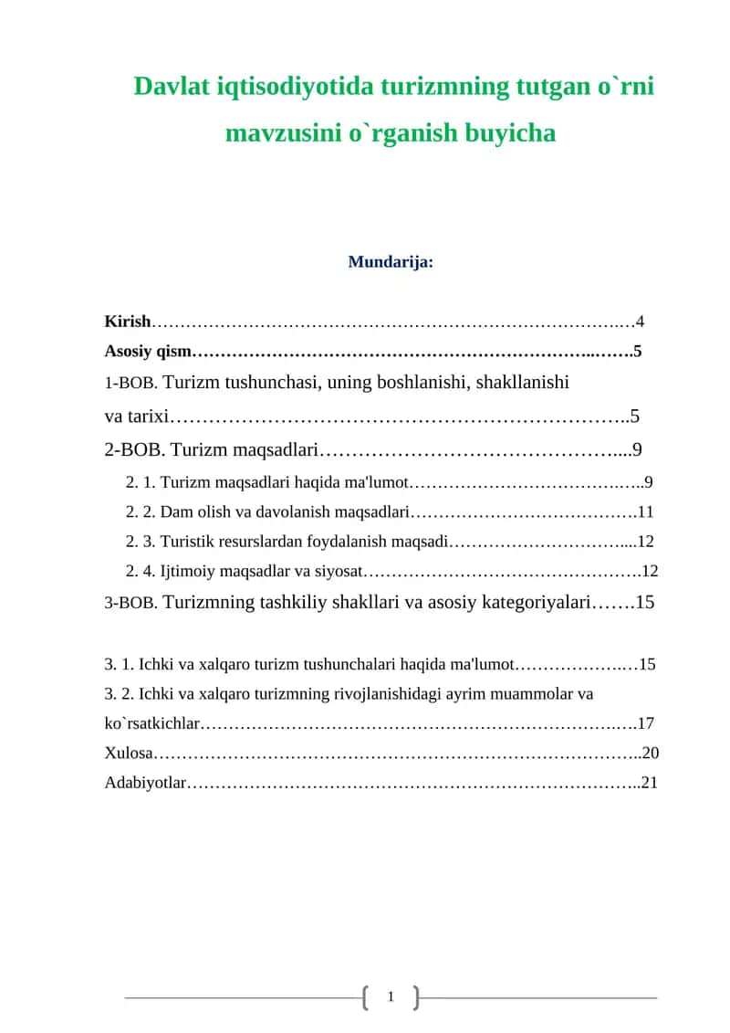 Davlat iqtisodiyotida turizmning tutgan o`rni mavzusini o`rganish buyicha