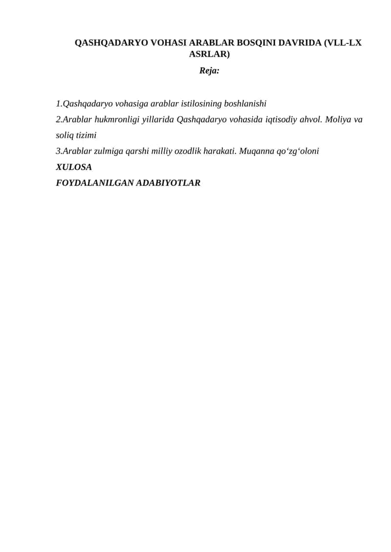 QASHQADARYO VOHASI ARABLAR BOSQINI DAVRIDA (VLL-LX ASRLAR)