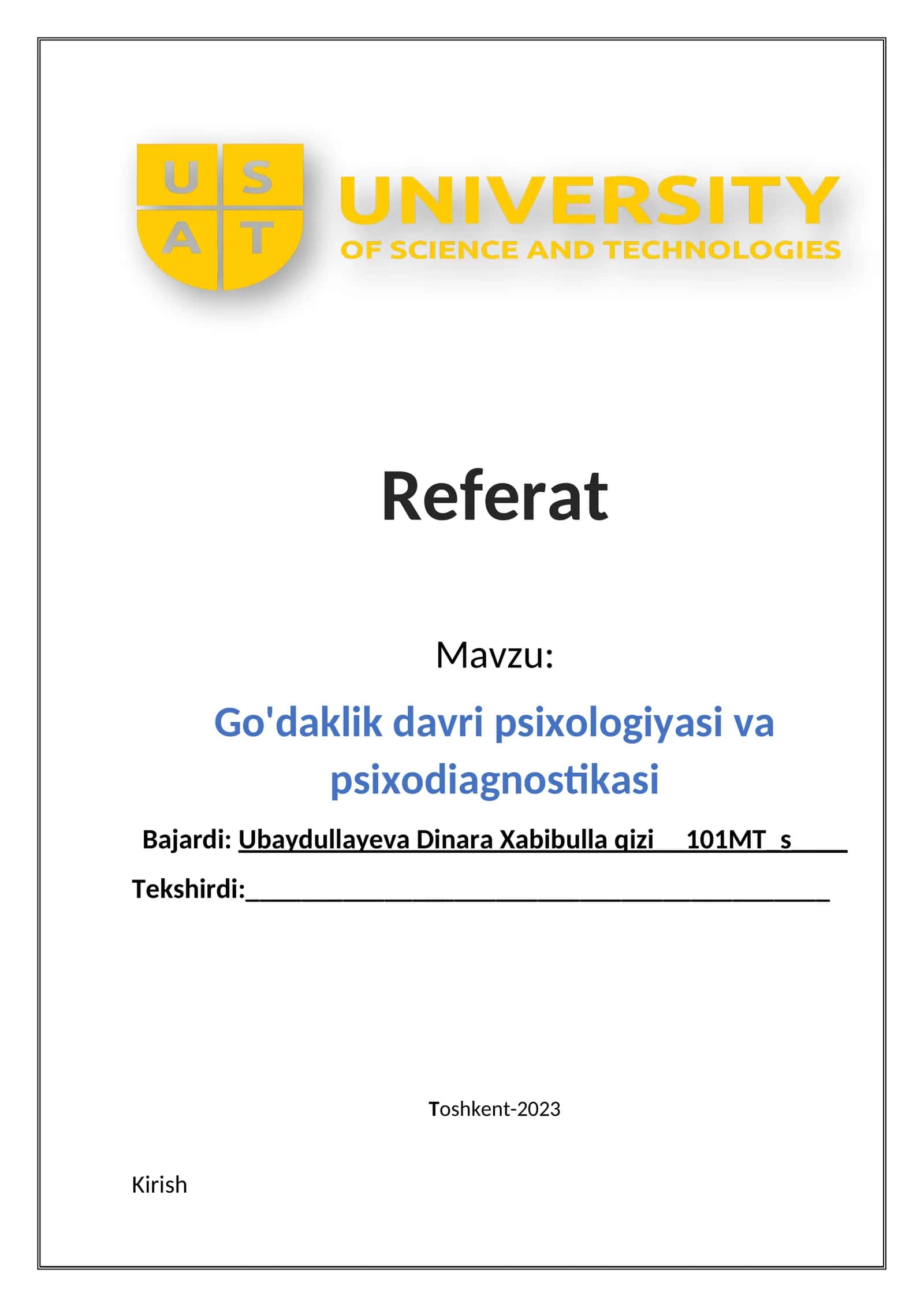 Go'daklik davri psixologiyasi va psixodiagnostikasi