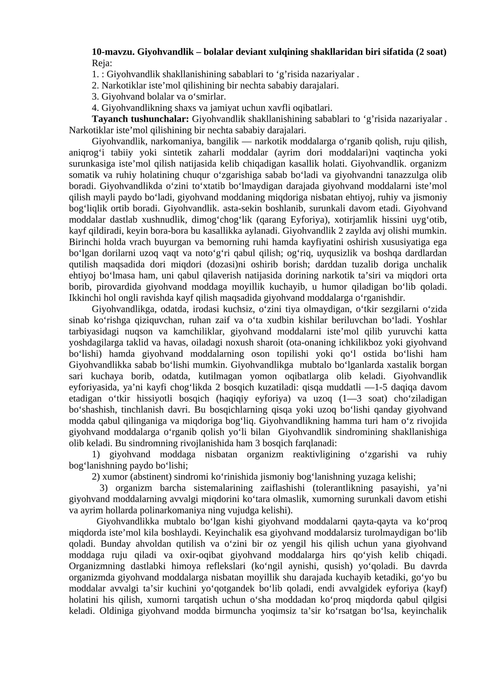 Giyohvandlik – bolalar deviant xulqining shakllaridan biri sifatida