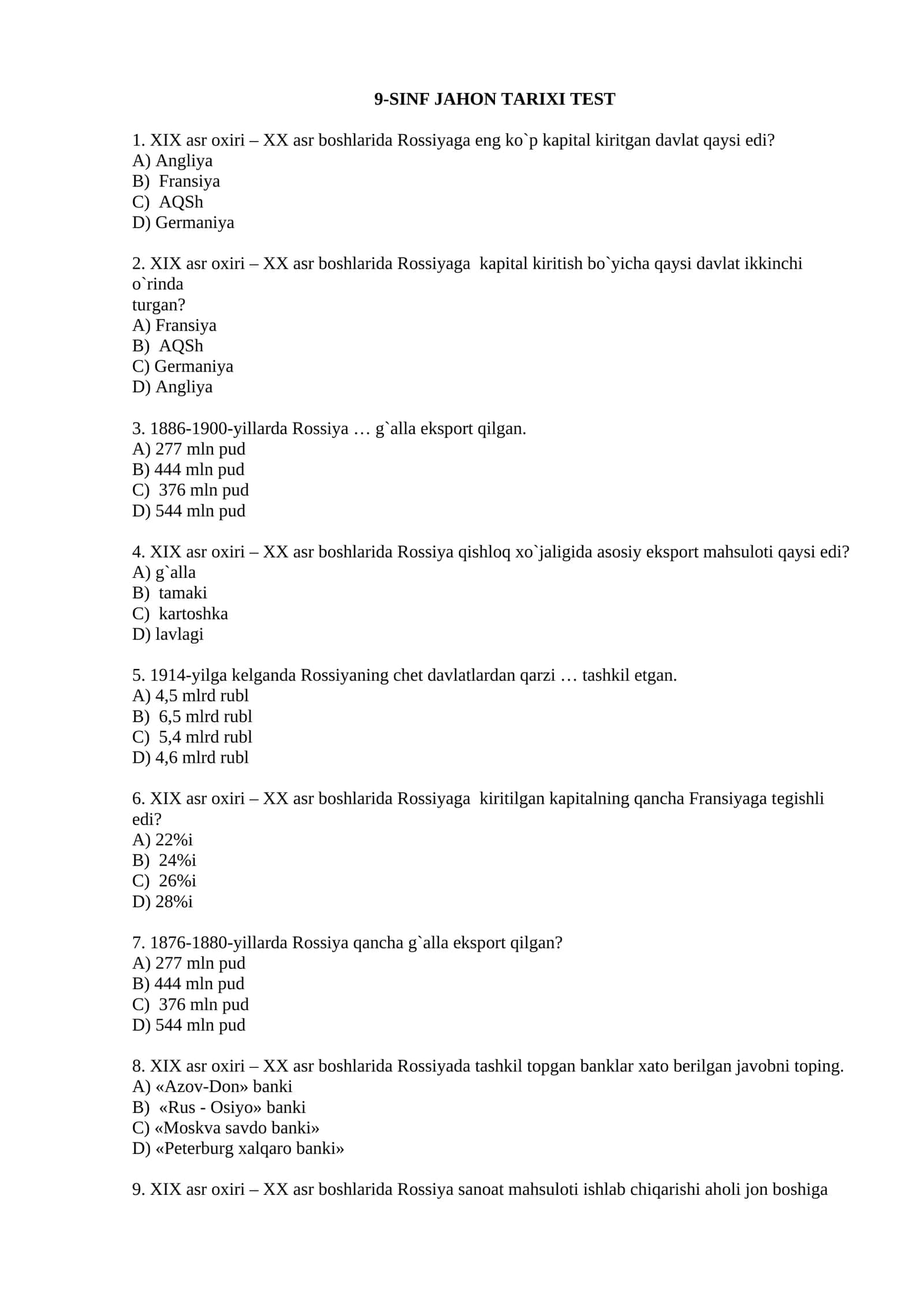 9-SINF JAHON TARIXI TEST