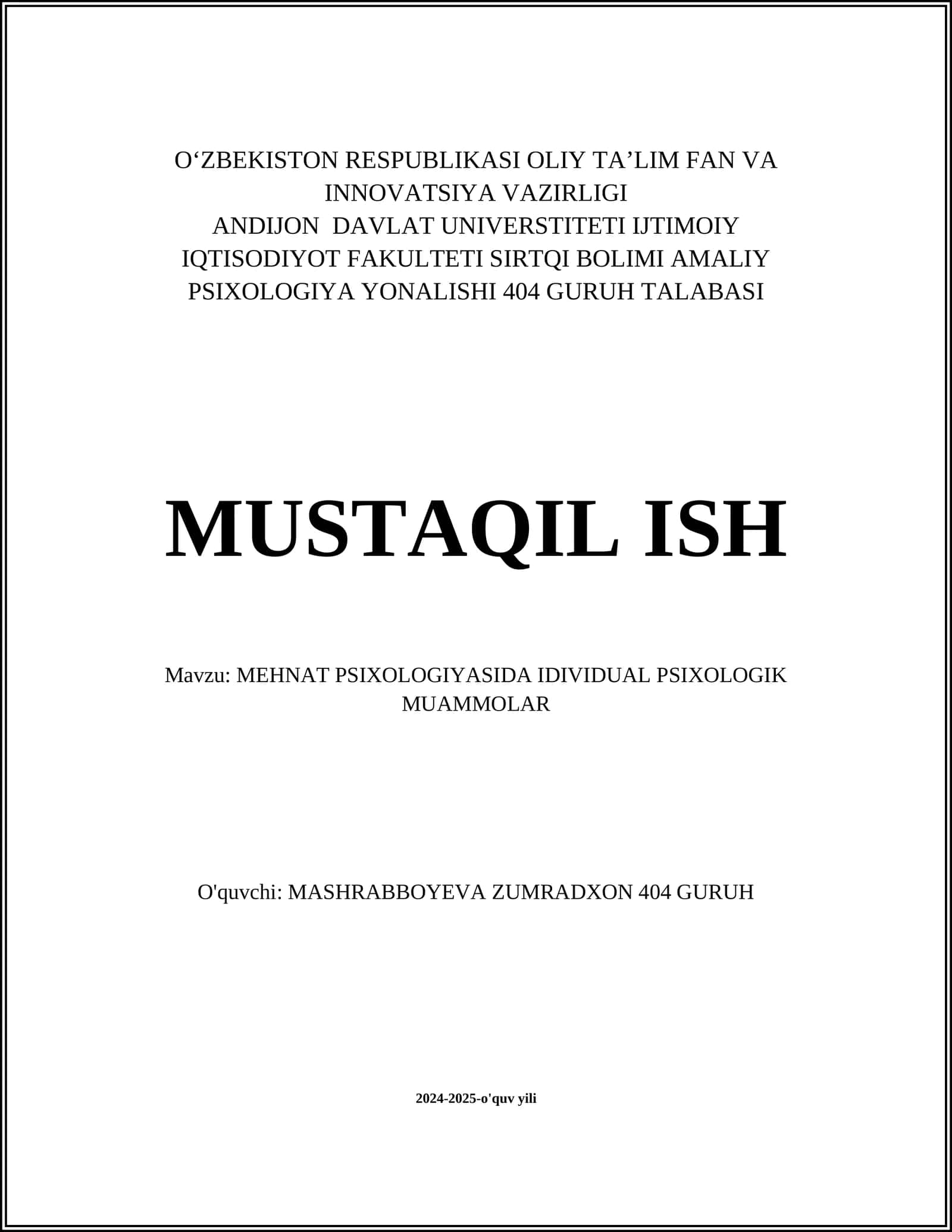 MEHNAT PSIXOLOGIYASIDA IDIVIDUAL PSIXOLOGIK MUAMMOLAR