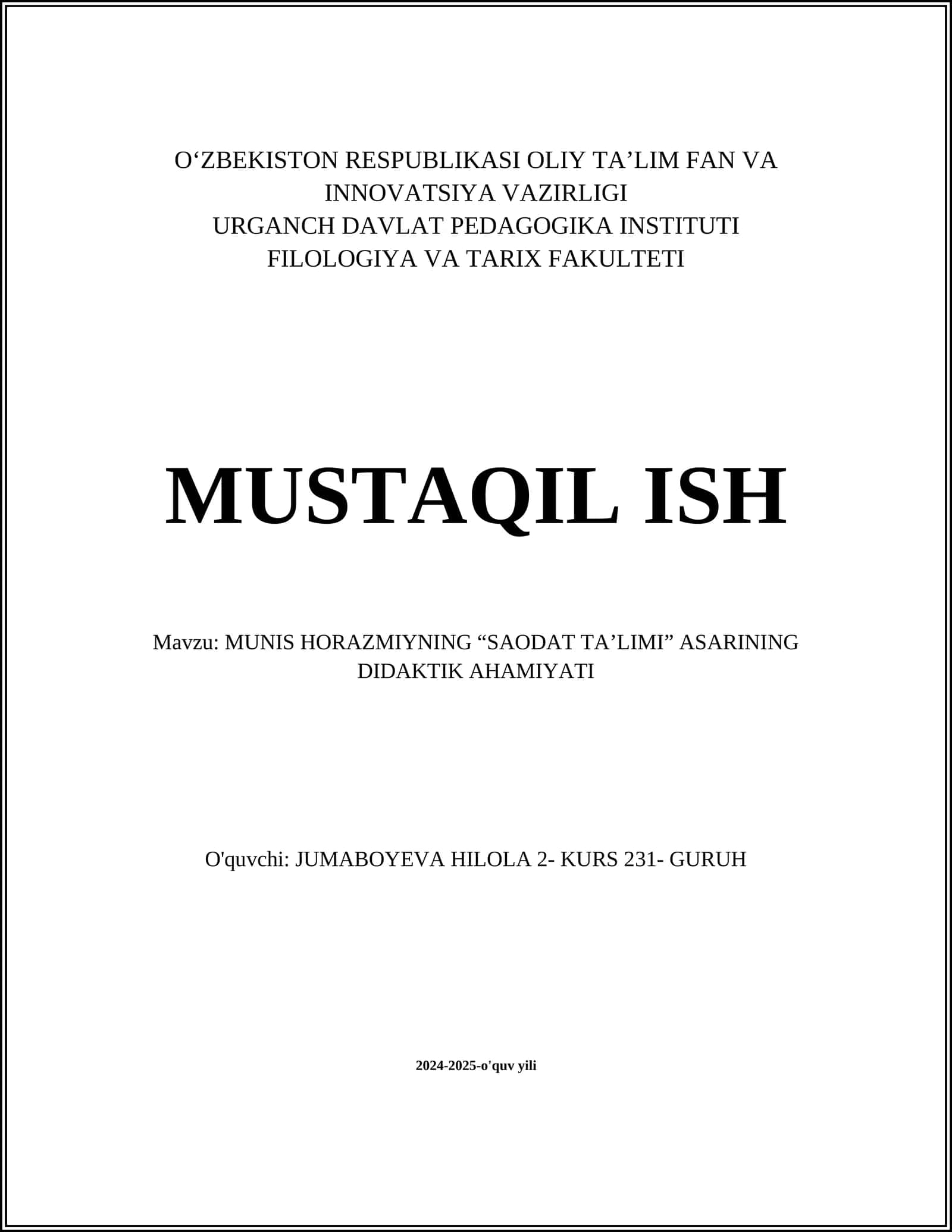 Saodat Ta’limi asarining didaktik ahmiyati